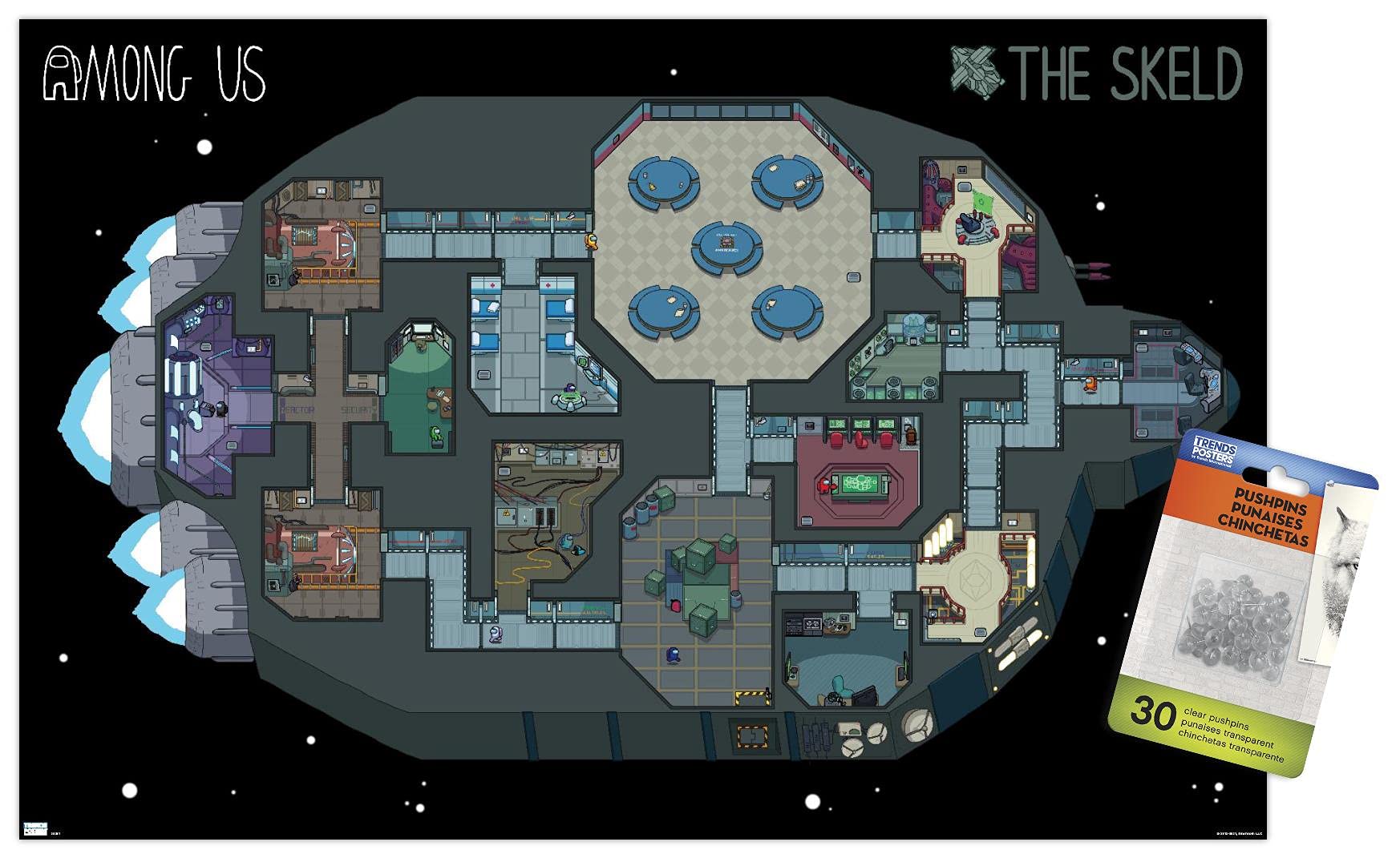 Among Us Skeld Map Wall Poster with Push Pins - Perfect for Gaming Room Decor, Gamer Gifts & Among Us Themed Parties