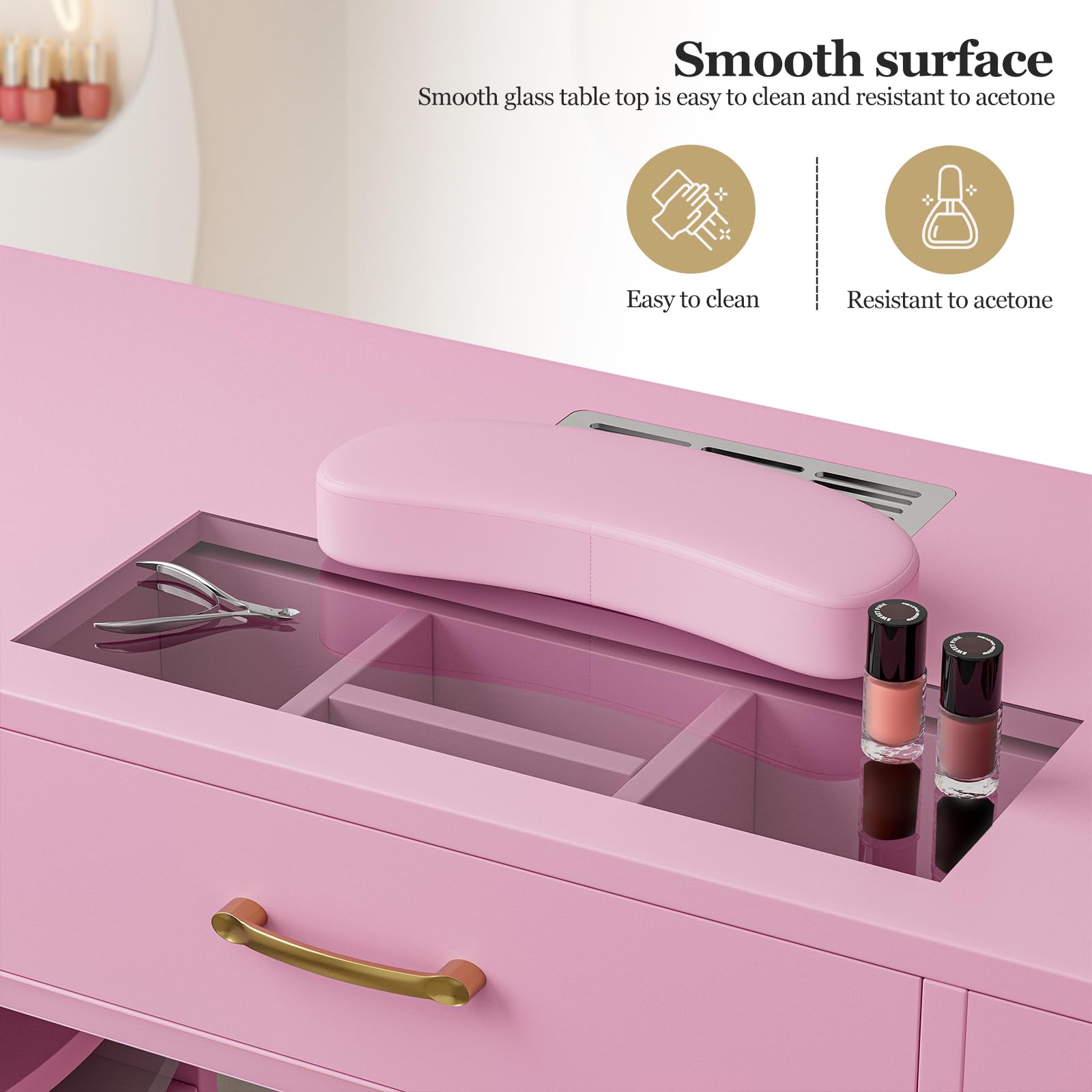 Professional Manicure Table Nail Station for Nail Technicians - Glass Top Nail Table with Electric Dust Collector, 7 Drawers & 3-Tier Shelves - Nail Salon Workstation with Wrist Cushion & Golden Handles (Pink) - Perfect for Nail Salons, Home Studios & Professional Nail Artists