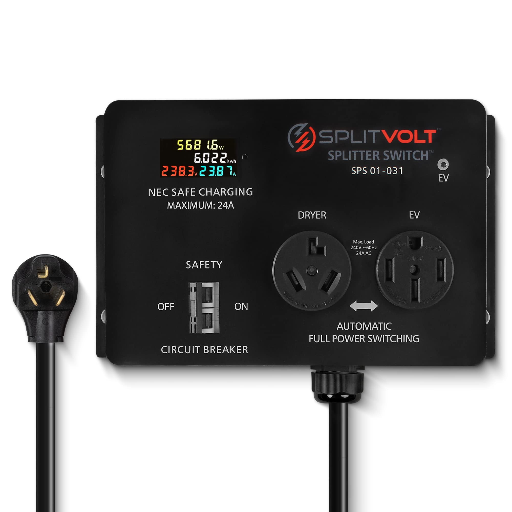 24 Amp EV Charger Splitter Switch - Automatic Power Sharing Between Dryer & Electric Vehicle (NEMA 10-30 to 10-30/14-50, 240V) | Save on Home EV Charging Installation | Perfect for Garages & Multi-Device Homes