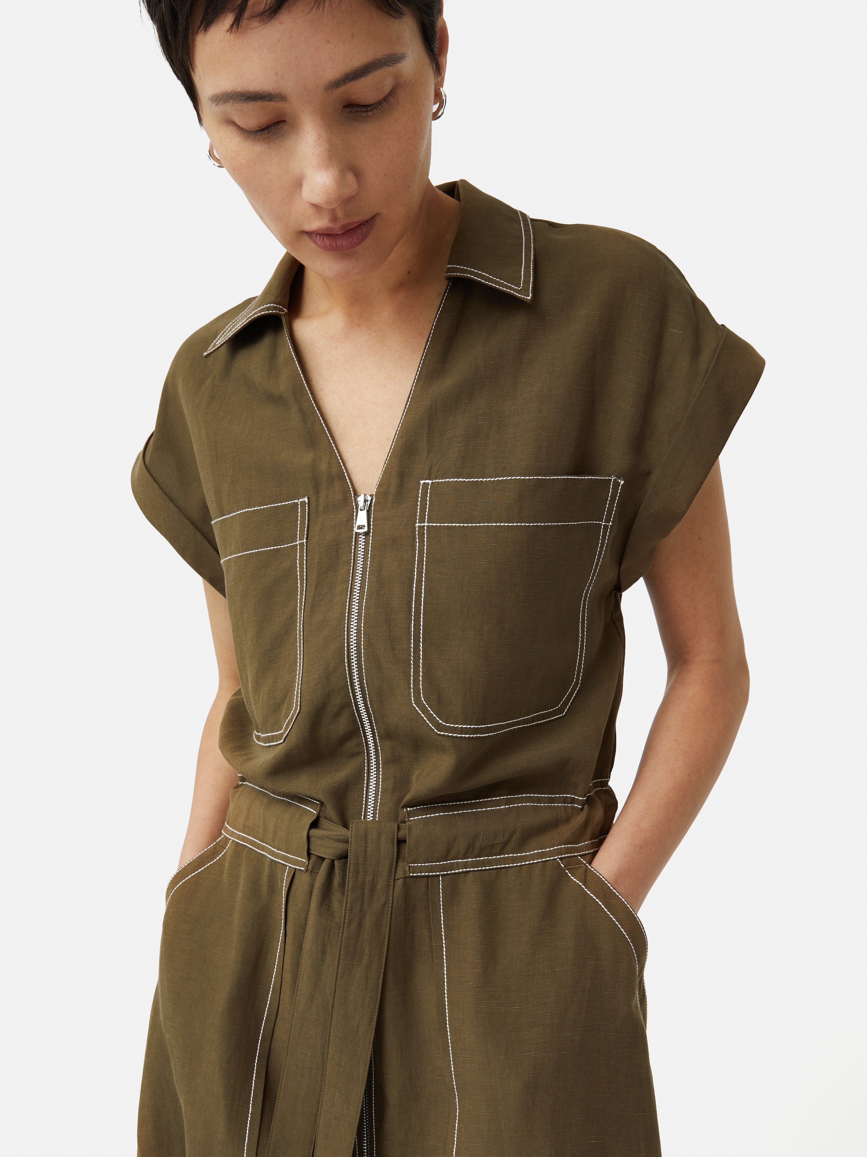 Linen Lyocell Stitched Dress for Women - Dark Khaki | Comfortable Summer Casual Dress for Beach, Vacation & Everyday Wear