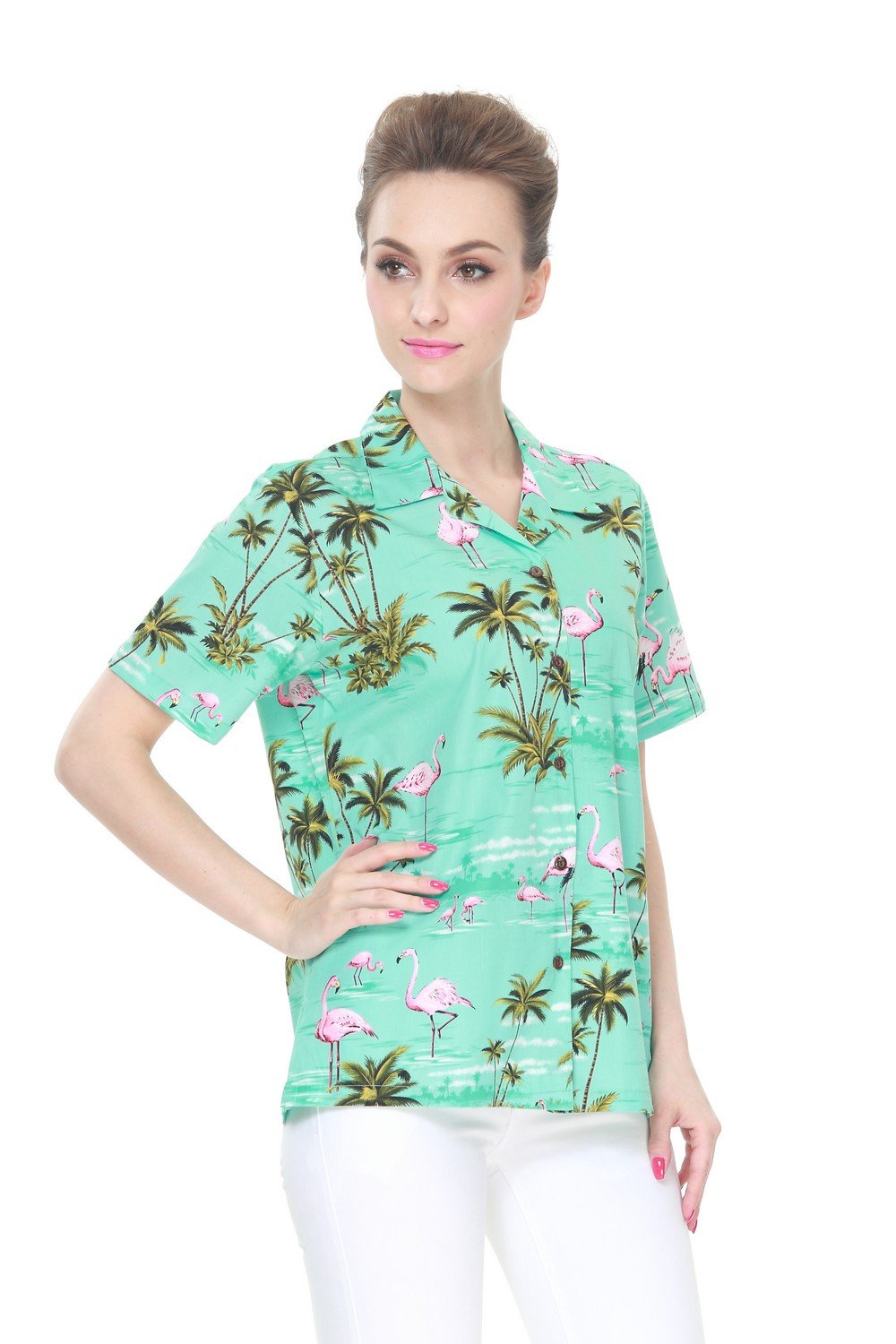Hawaiian Couple Matching Aloha Shirts - Pink Flamingo Print on Turquoise Fabric - Made in Hawaii for Luau Parties, Beach Vacations & Tropical Date Nights