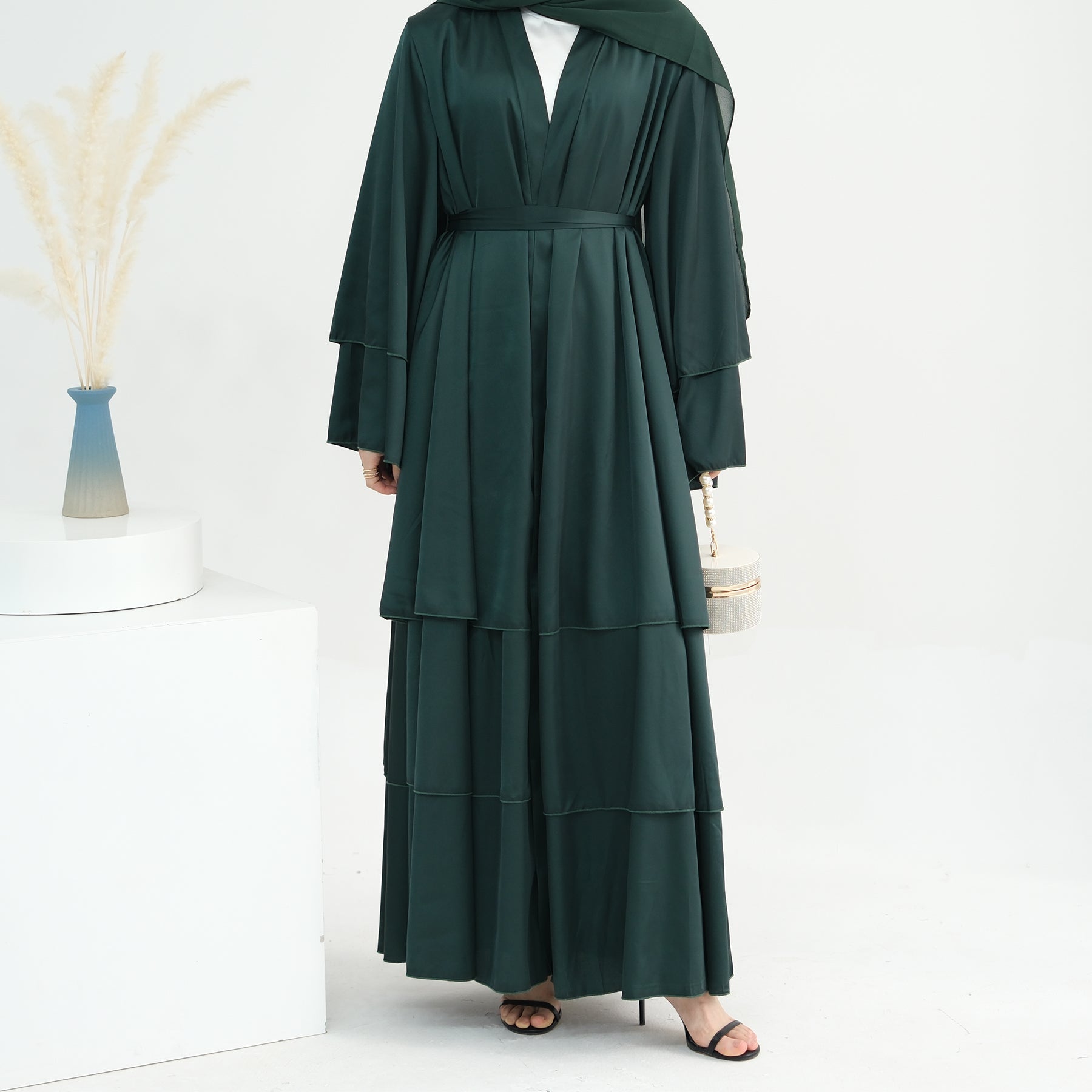 Miranda Layered Hem Satin Open Abaya - Dark Emerald Green Islamic Prayer Dress for Women | Perfect for Eid, Ramadan & Special Occasions