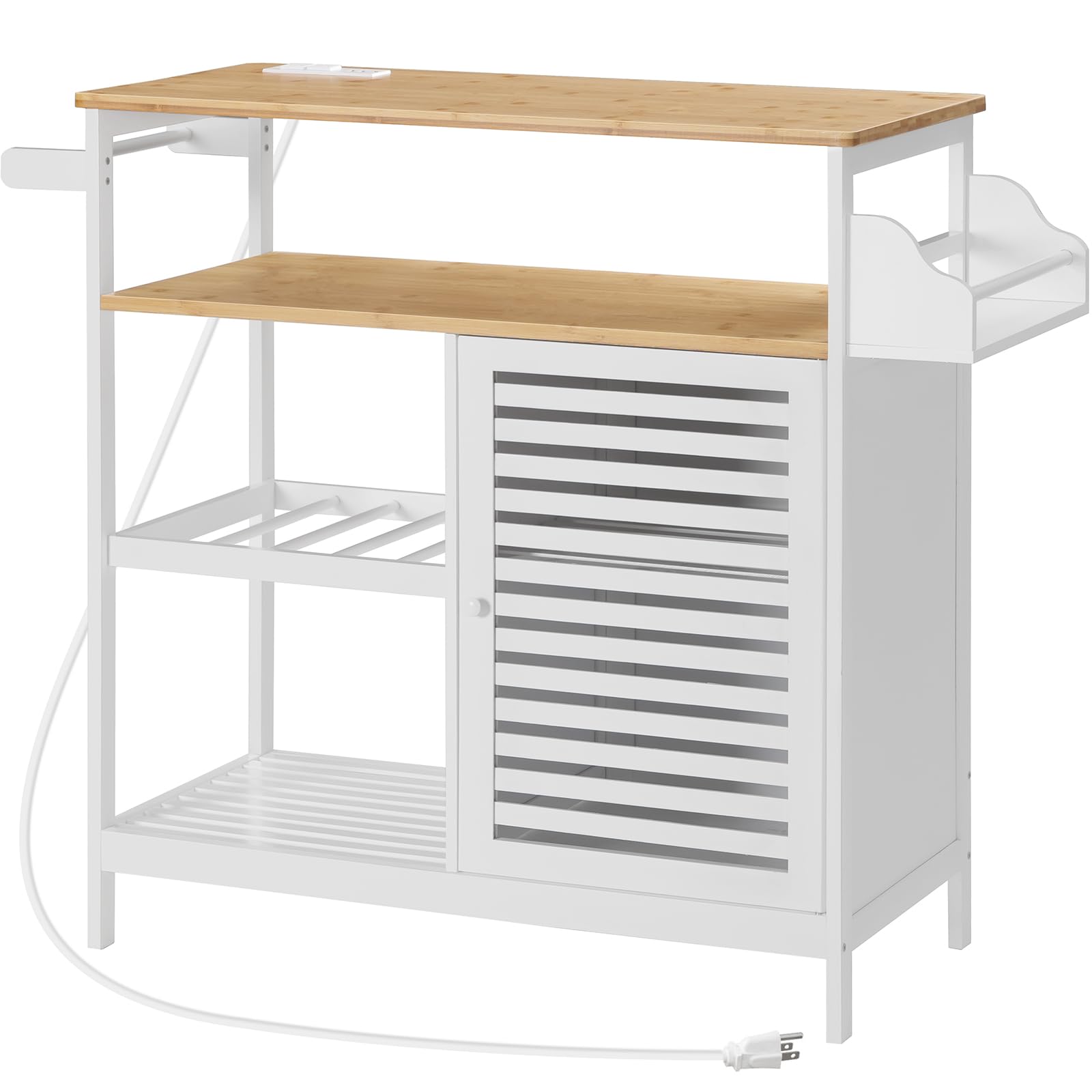 HOOBRO White and Natural Kitchen Island with Storage, Power Outlet, 4-Tier Coffee Station & Microwave Stand - Large Worktop Kitchen Cart for Home, Dining Room | Perfect for Small Spaces, Entertaining & Coffee Bar Setup