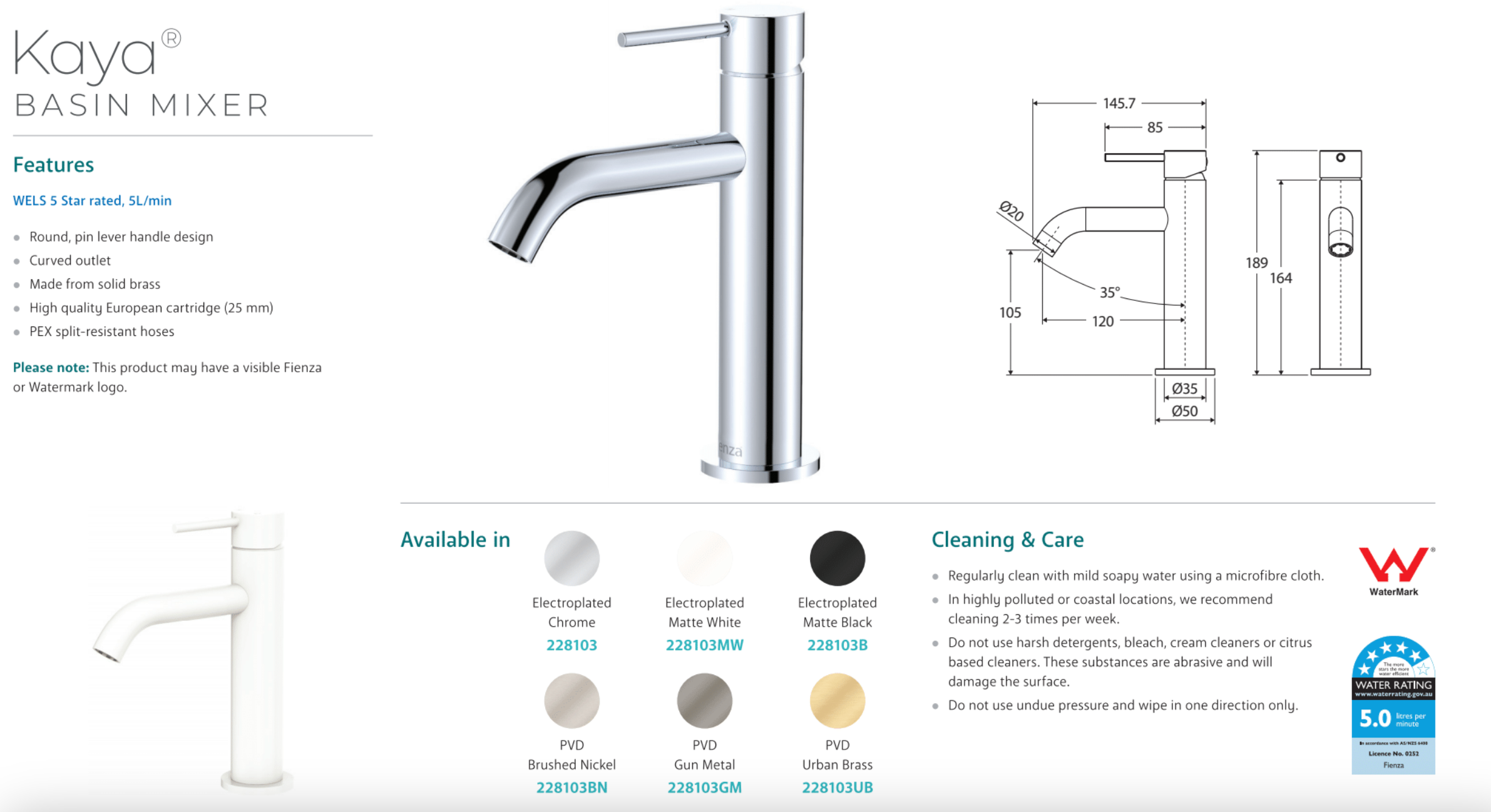 Fienza 228103MW Kaya Basin Mixer Faucet - Matte White Finish, Single Hole Bathroom Sink Faucet for Modern Vanities, Perfect for Home & Hotel Bathroom Renovation