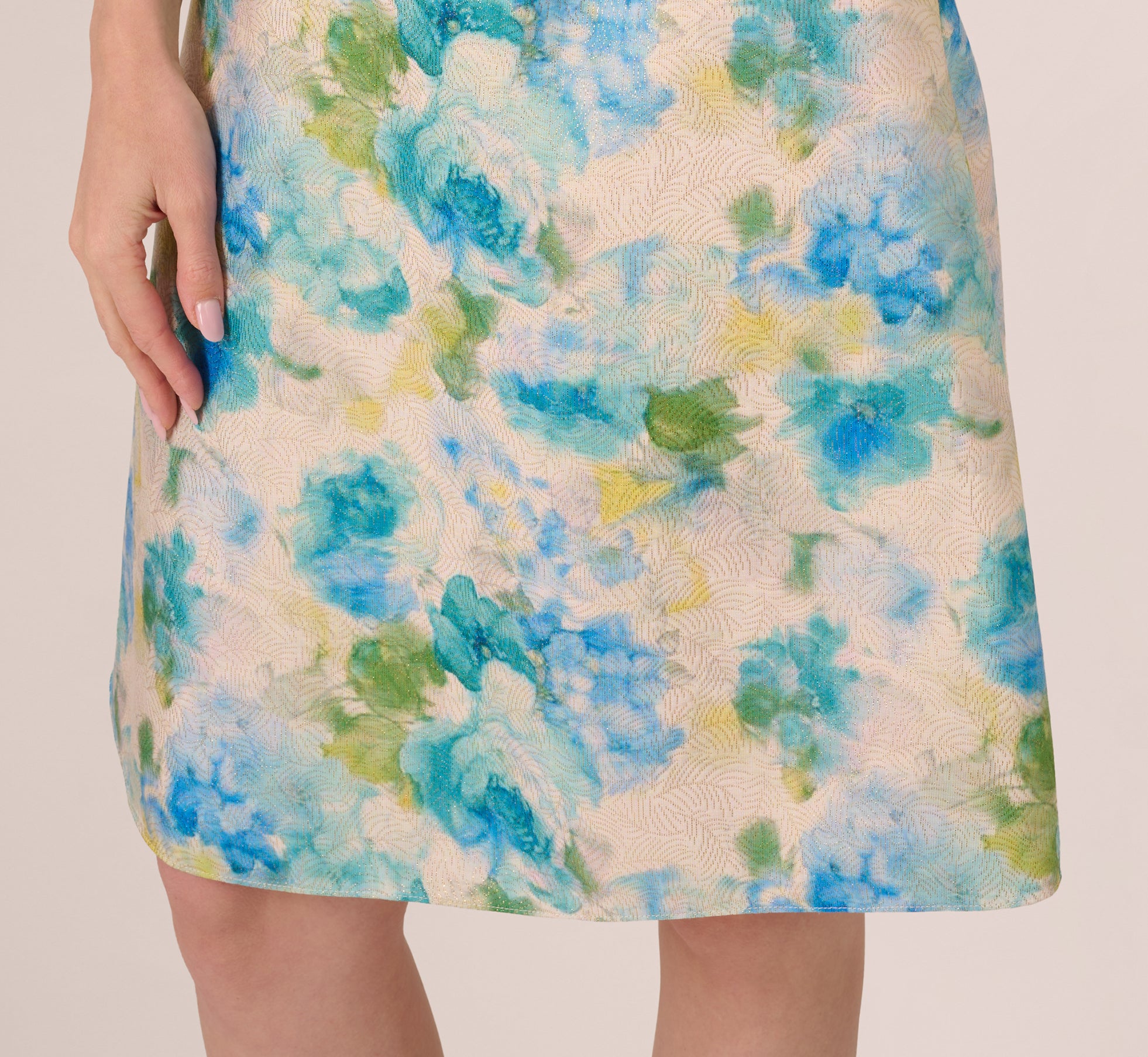 Elegant Sleeveless Asymmetrical Floral Jacquard Midi Dress in Ivory Blue - Summer Wedding Guest Dress, Garden Party Outfit, Cocktail Attire