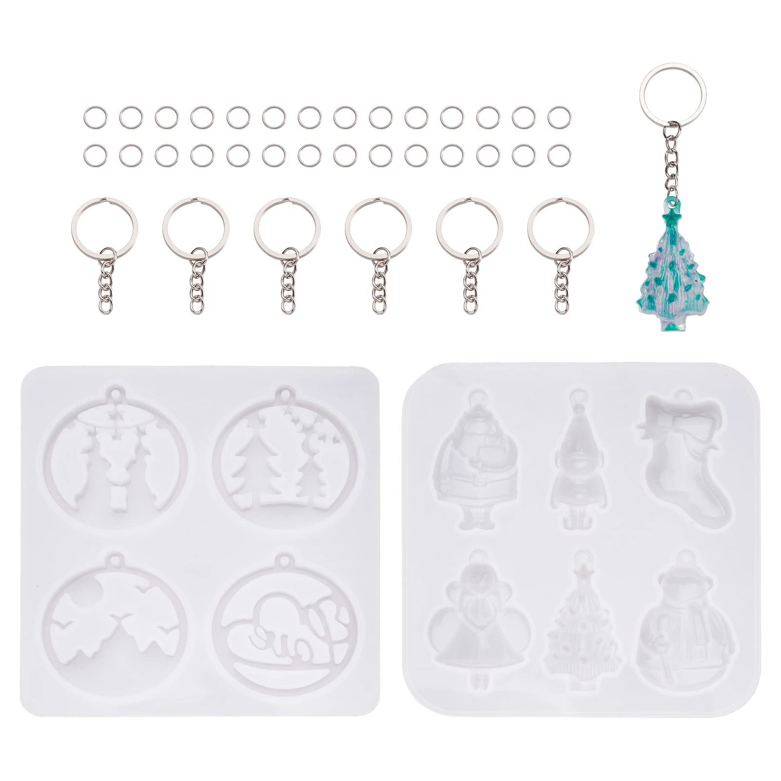 Pandahall Christmas Theme Resin Silicone Molds Set - Santa Claus, Xmas Tree 3D Pendant Epoxy Molds with Hanging Holes, 20Pcs Keyrings, 50Pcs Jump Rings for DIY Christmas Ornaments, Jewelry Making, and Holiday Crafting