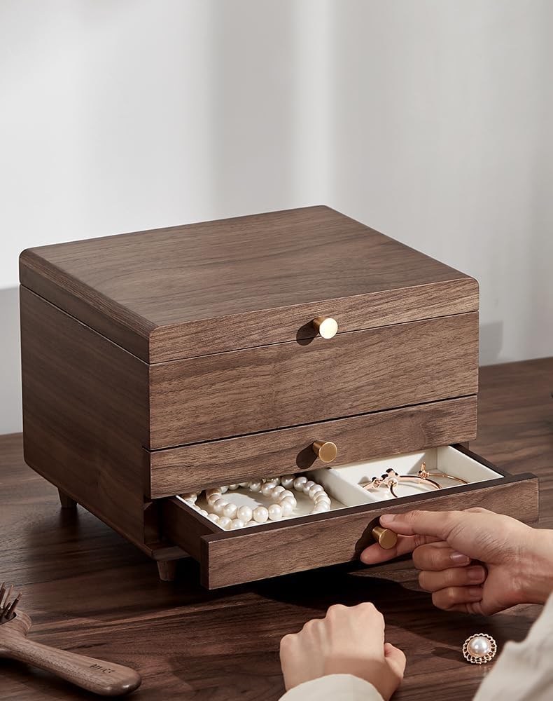 CHOSIN 3-Layer Wooden Jewelry Box Organizer - Solid Black Walnut Wood Jewelry Storage Case for Necklaces, Rings, Earrings, Watches & Bracelets - Perfect Gift for Women - Ideal for Bedroom Vanity, Dresser Top & Travel Jewelry Organization