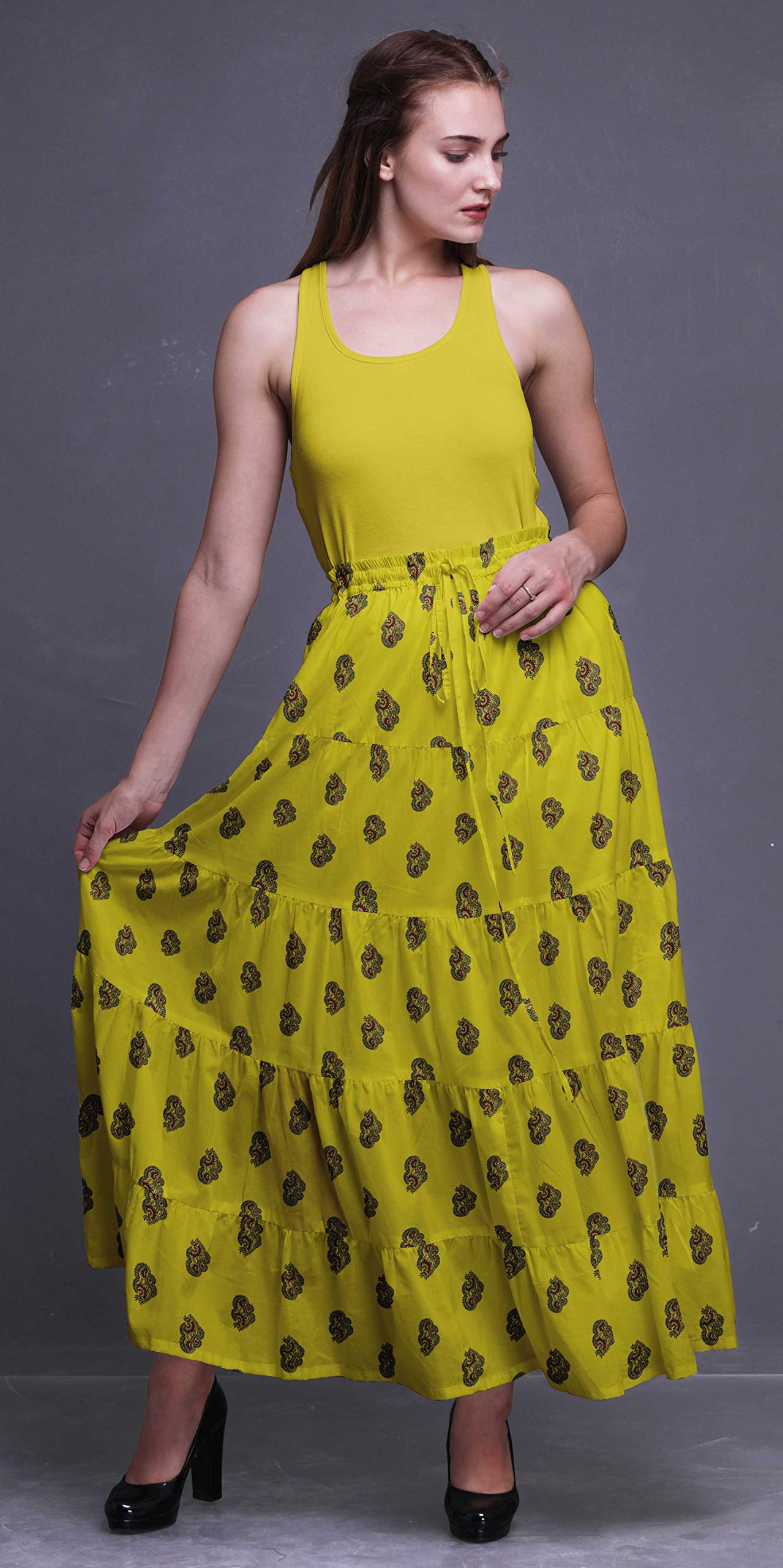 Boho Printed Long 5-Tier Cotton Skirt for Women - Flowy Maxi Skirt for Summer, Beach, Vacations & Casual Outings