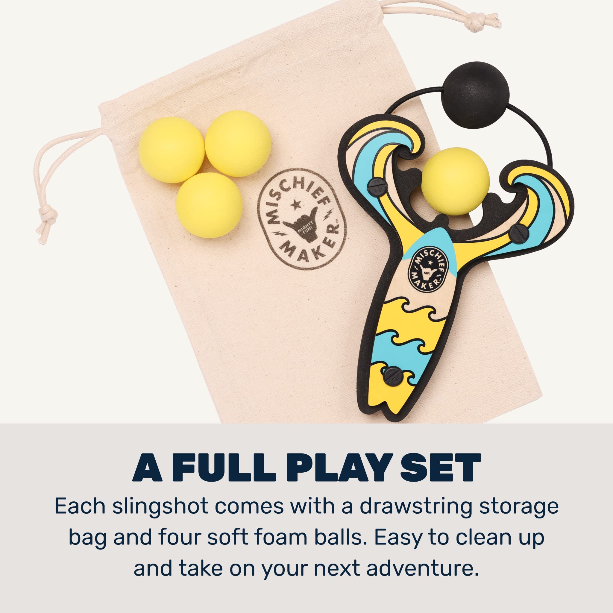 Mischief Maker® Wooden Slingshot - Surf’s Up Series - Real Wood Kids Slingshot with 4 Soft Foam Balls & Storage Bag - Outdoor Toys for Boys Girls Ages 4+ - Perfect for Backyard Games, Beach Fun and Camping Activities