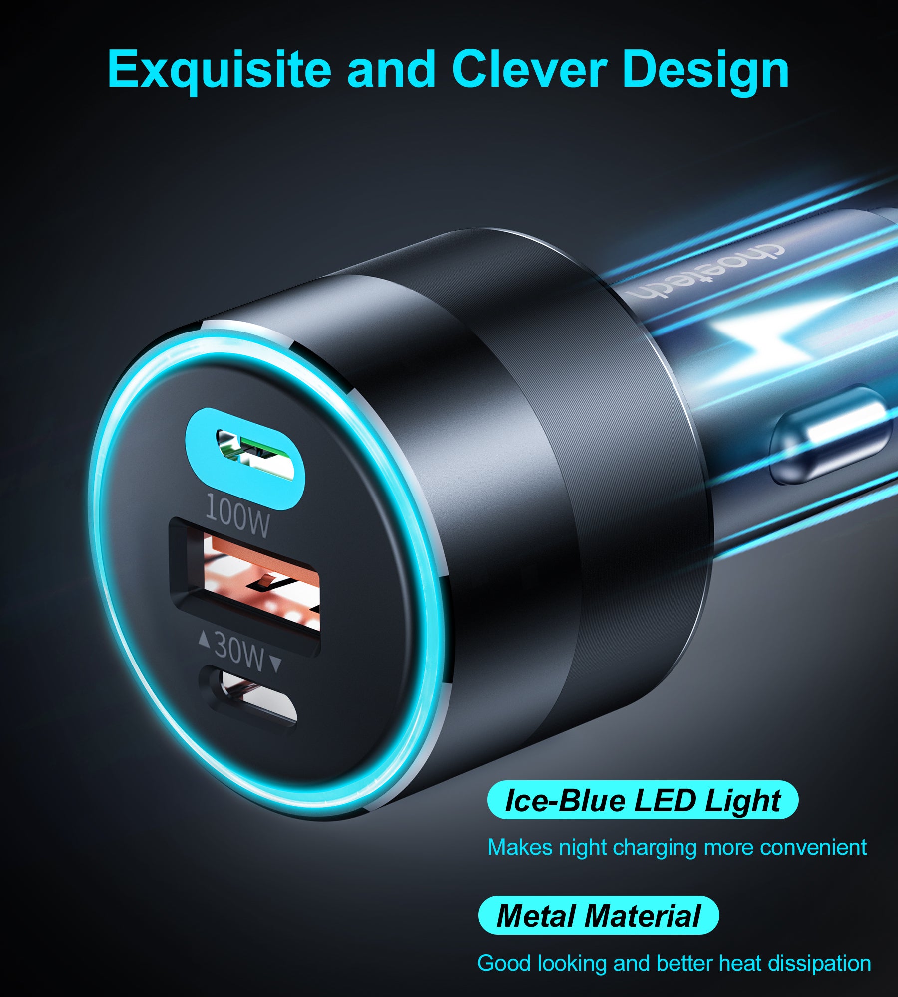 Choetech 130W Fast Car Charger with Dual USB-C & USB-A Ports - Black | High-Speed Charging for iPhone, Android, Samsung in Car, Truck, RV