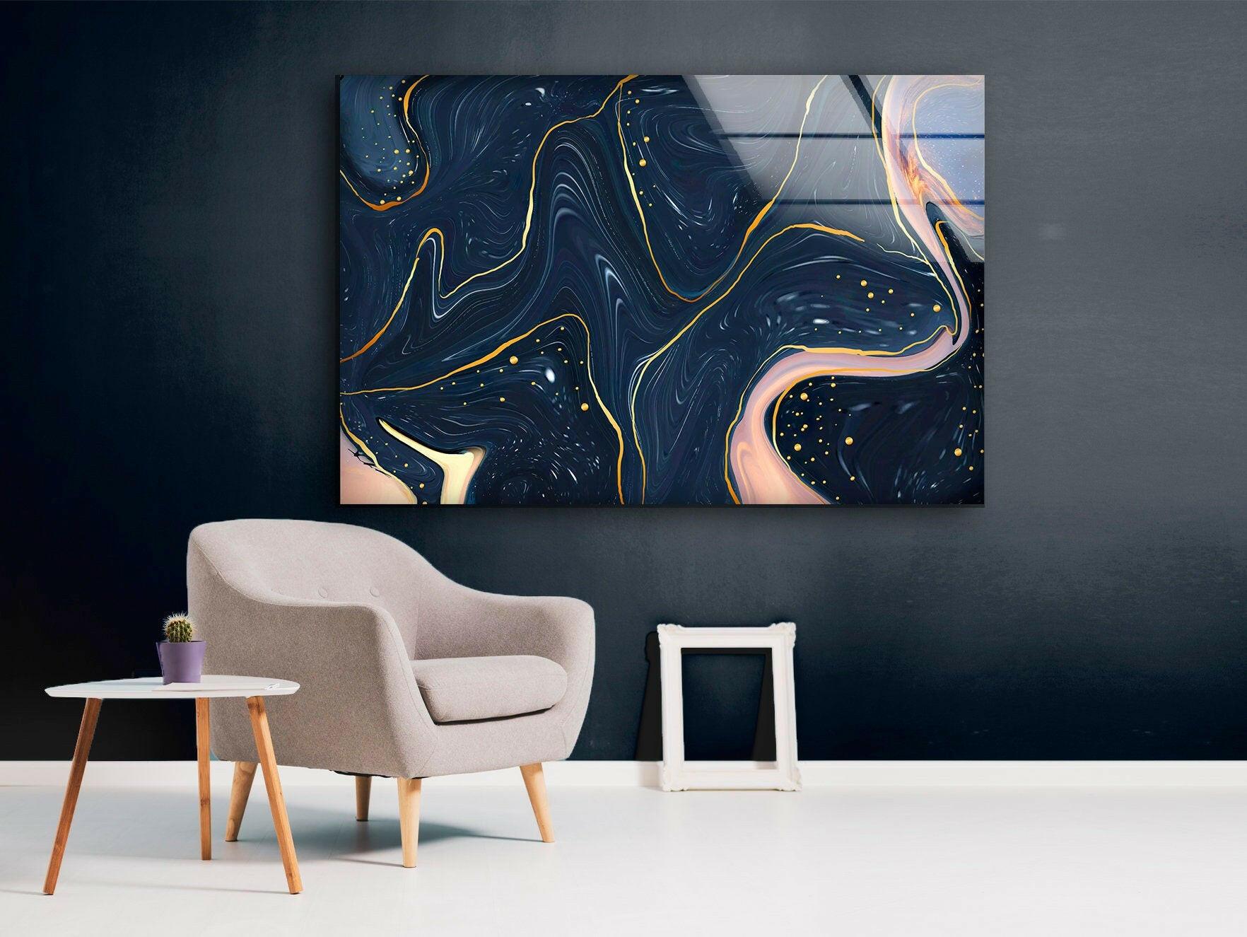Abstract Dark Blue Glass Wall Art - Modern Handmade Decor for Living Room, Bedroom & Office - Unique Home & Office Decoration
