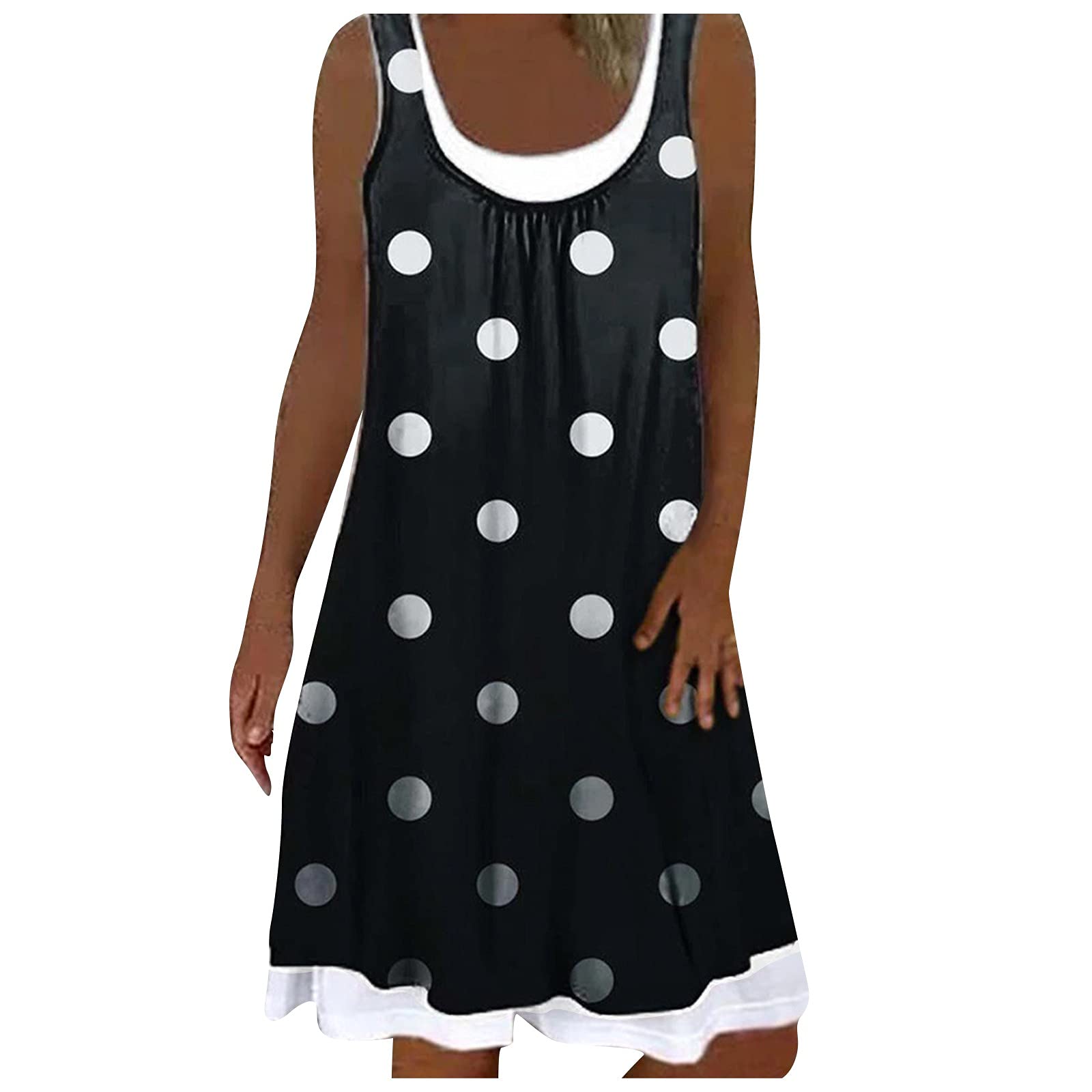BISXOTY Women's Polka Dot Summer Dress - Loose Fit Fake Collar Sleeveless Knee-Length Midi Dress with Round Neck | Casual Beach Wear, Vacation Outfit, Party Dress for Women