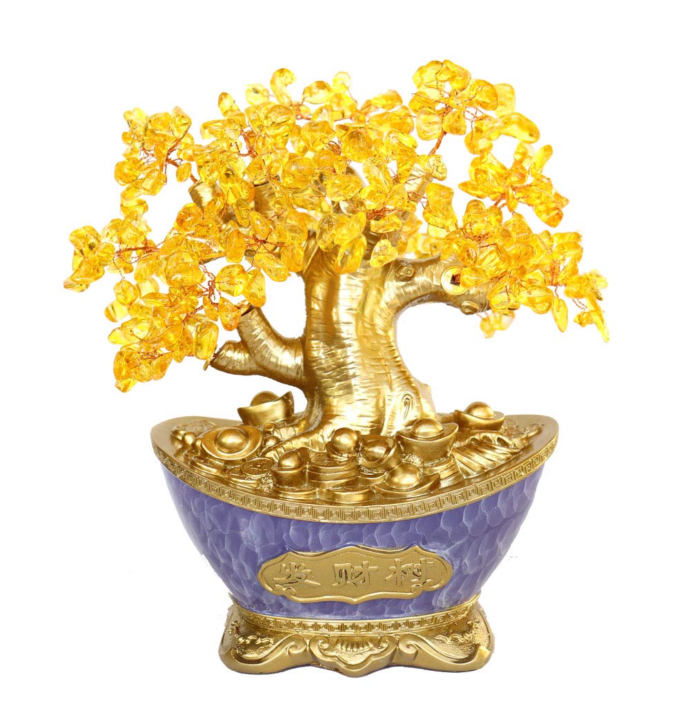 Feng Shui Citrine Money Tree in Purple Pot - Attract Wealth & Prosperity - Perfect for Home, Office & Gift Giving