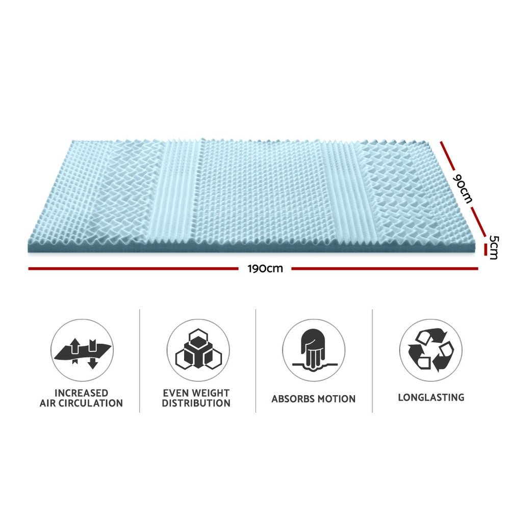 Cool Gel 7-Zone Memory Foam Mattress Topper with Bamboo Cover - 5cm Single Size for Back Pain Relief & Pressure Relief - Perfect for Hot Sleepers & Side Sleepers