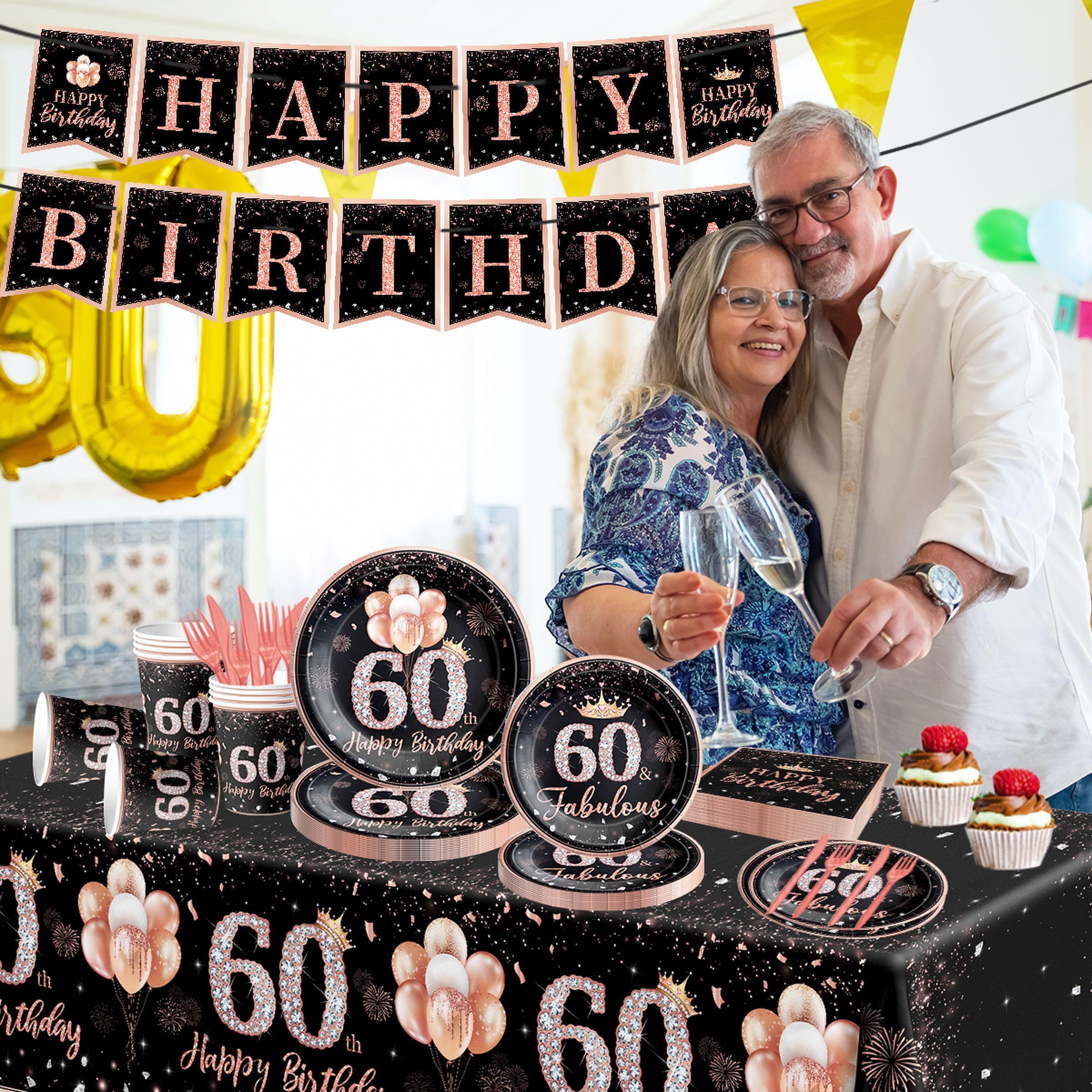 142Pcs Rose Gold 60th Birthday Party Tableware Set - Disposable Tablecloth, Plates, Napkins, Cups, Forks & Knives for Women's 60 Years Old Celebration - Perfect for Themed Decorations, Retirement Parties & Milestone Birthday Events