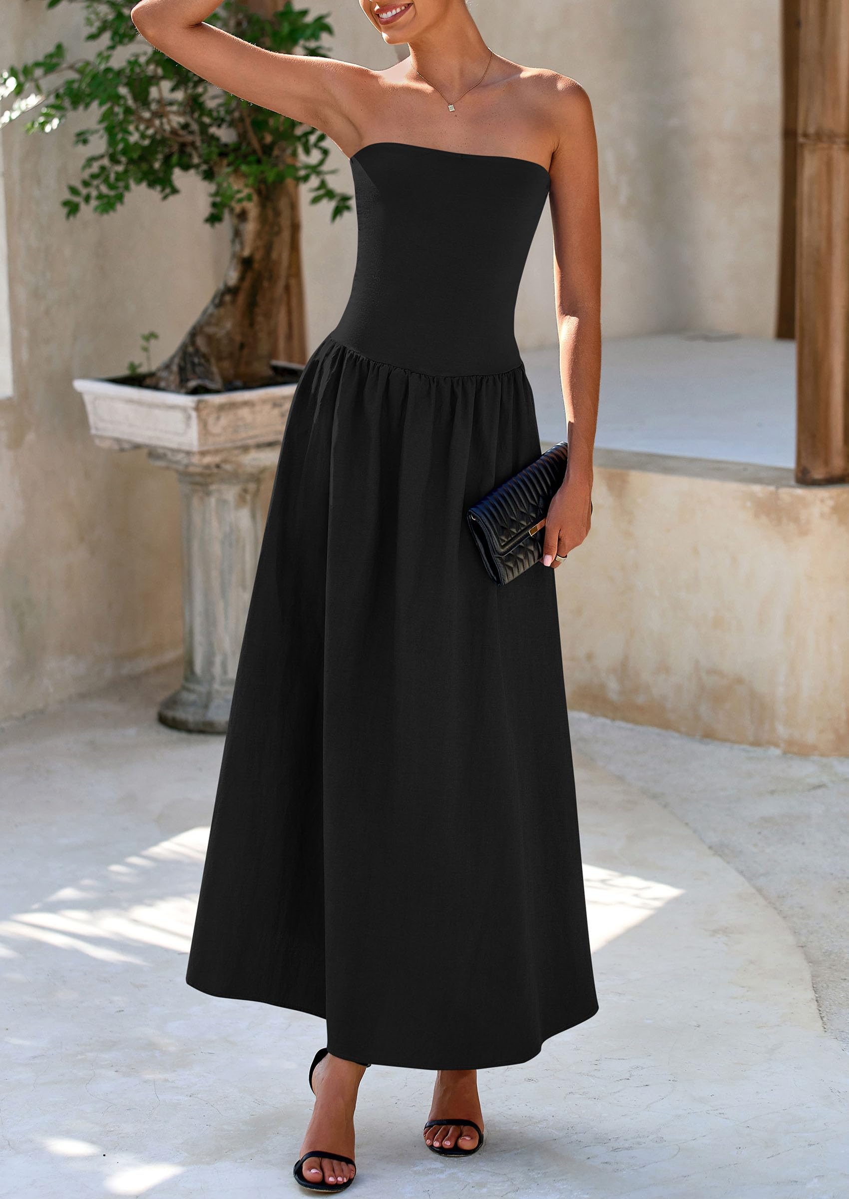 PRETTYGARDEN Women's Strapless Maxi Dress 2025 - Patchwork Long Flowy Summer Dress with Pockets | Elegant Tube Top Dress for Beach, Wedding & Party Wear
