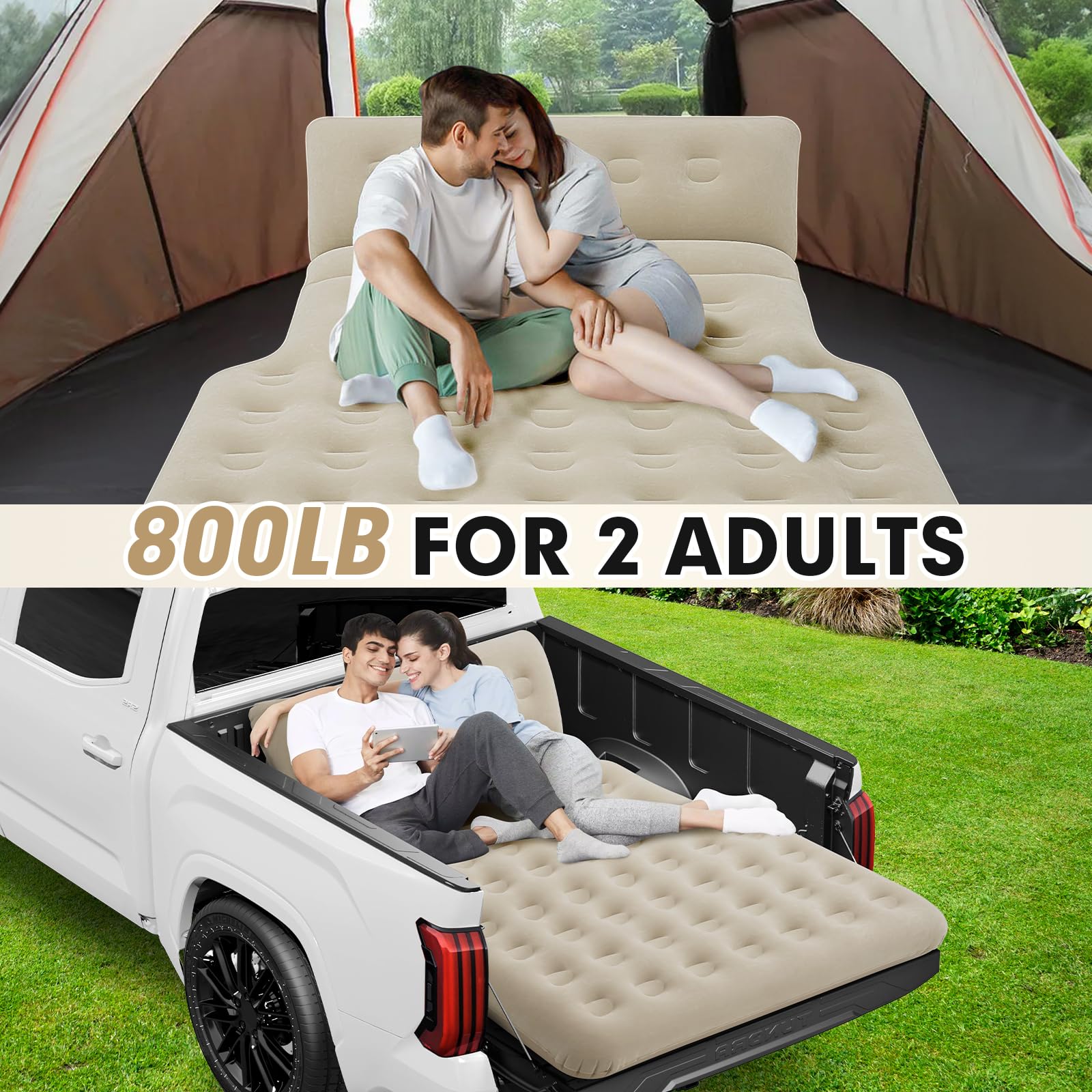 2025 Upgraded Truck Bed Air Mattress for 5.5-6.5Ft Full-Size Trucks | Inflatable Mattress with Built-in Pillow | Adjustable Camping Air Bed for Short Truck Beds | Perfect for Outdoor Adventures, Road Trips & Home Use (Beige)