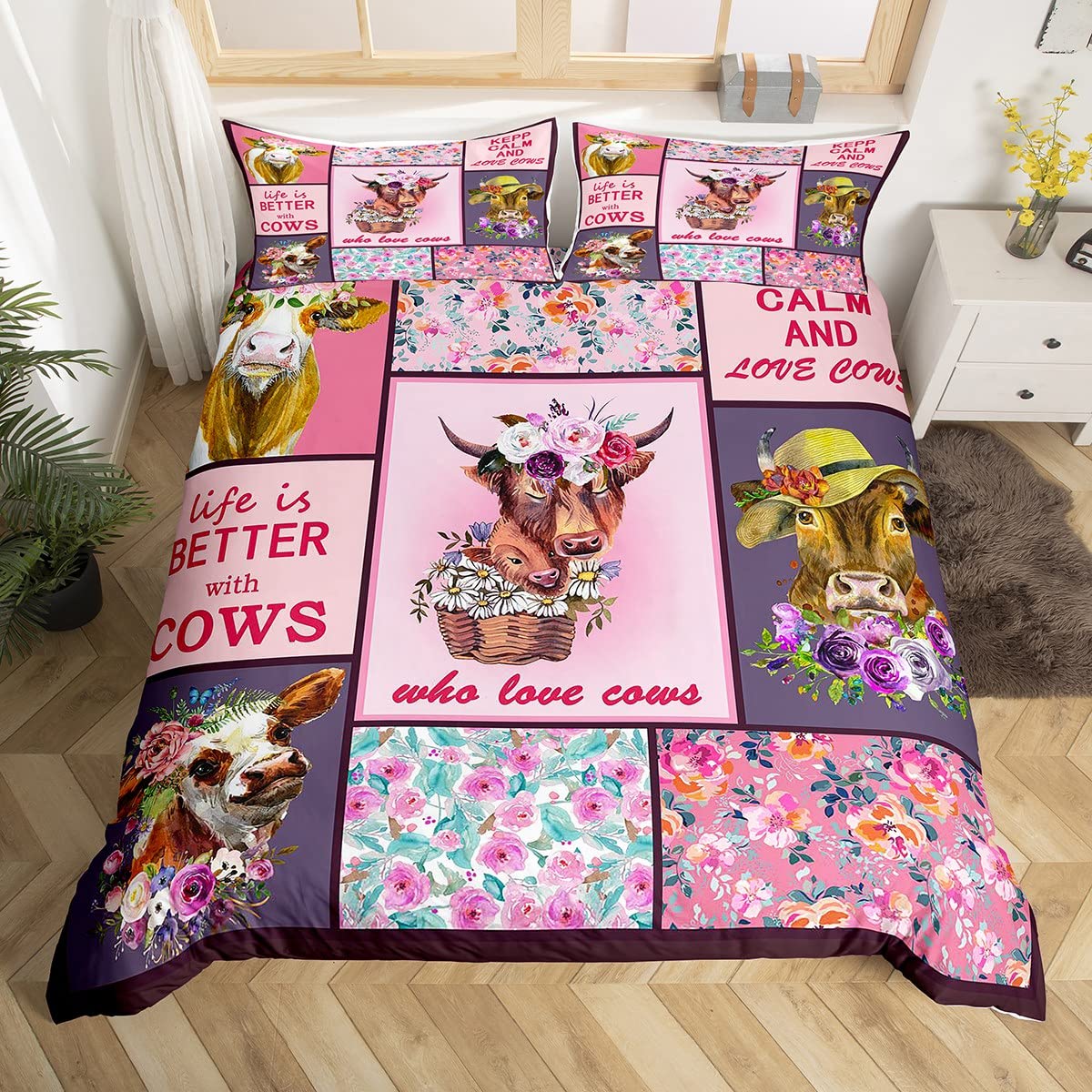 Pink Cute Cow Duvet Cover King Size Set - Cartoon Cattle & Watercolor Floral Print Comforter Cover with 2 Pillowcases, Farmhouse Animal Plaid Stitching Bedding for Cozy Farmhouse or Kids' Room Decor