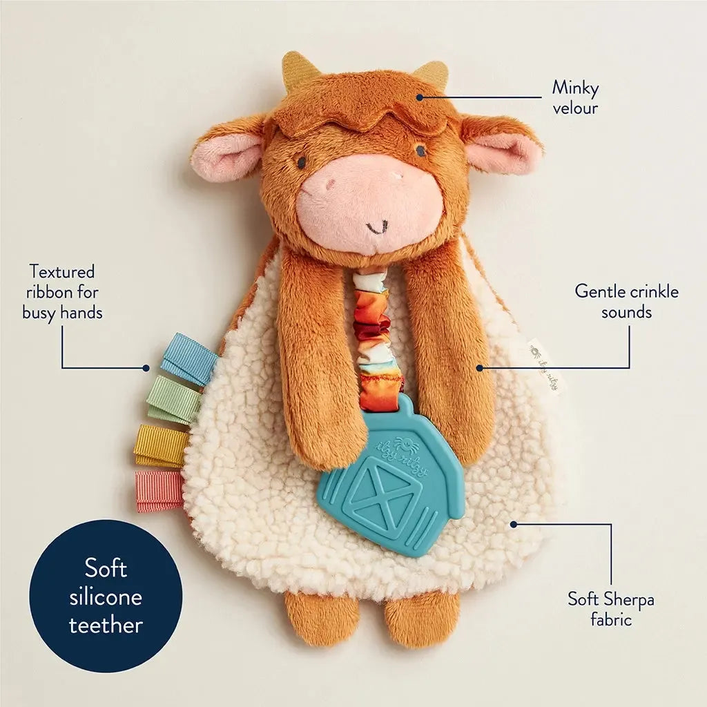 Itzy Ritzy Lovey Plush & Teether Toy - Adorable Highland Cow Design for Babies | Soft Cuddly Security Blanket & Soothing Teething Toy for Infants | Perfect for Nursery, Stroller, and Travel Comfort
