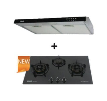 Ellane 60cm/90cm Slimline Range Hood with Black Glass Panel EH 9160 + Ellane WG 830SV 87cm 3 Burner Glass Cooktop - Modern Kitchen Ventilation & Cooking Combo for Home Chefs