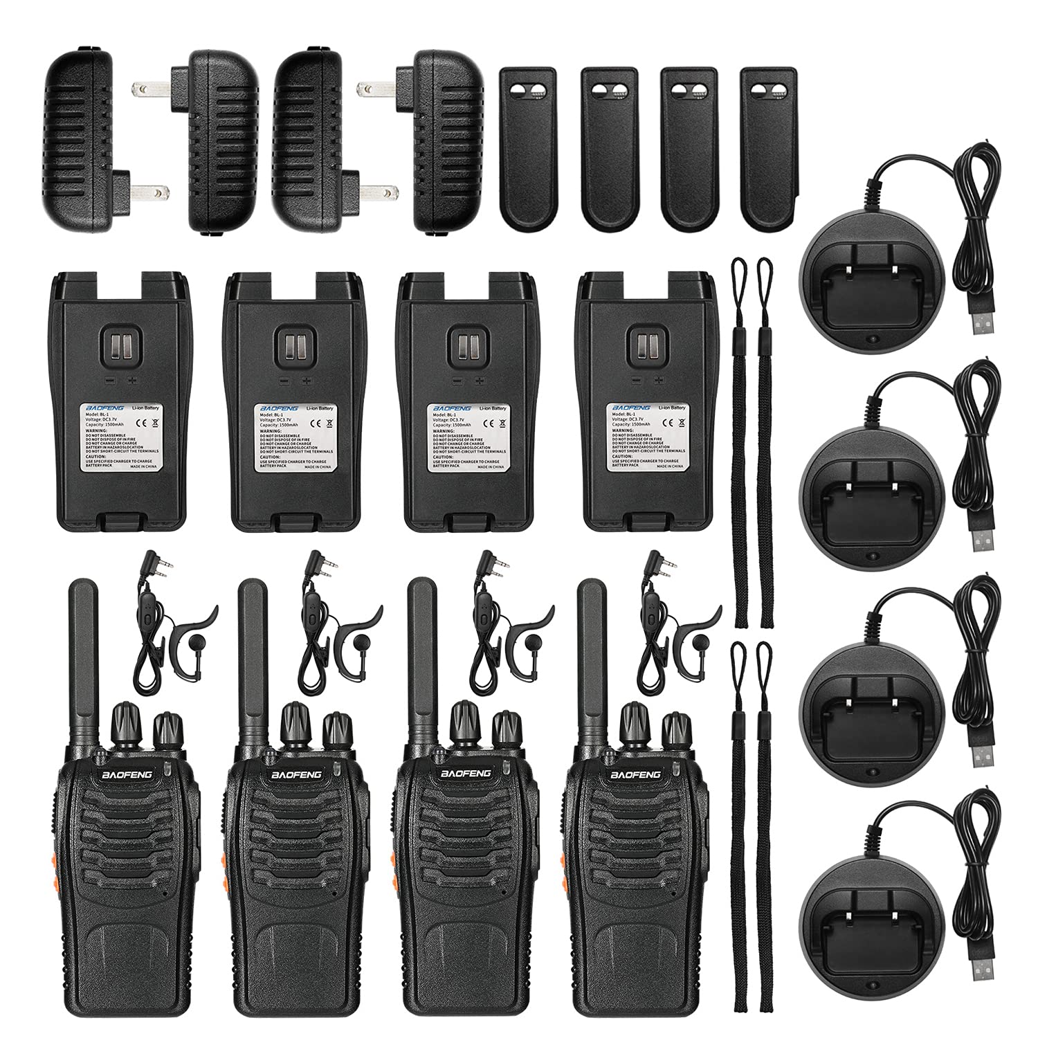 BAOFENG BF-88ST Long Range Walkie Talkies for Adults - 4 Pack Rechargeable Two Way Radios with VOX Hands-Free, USB Charging & Earpieces - Ideal for Outdoor Adventures, Construction Sites, and Event Coordination