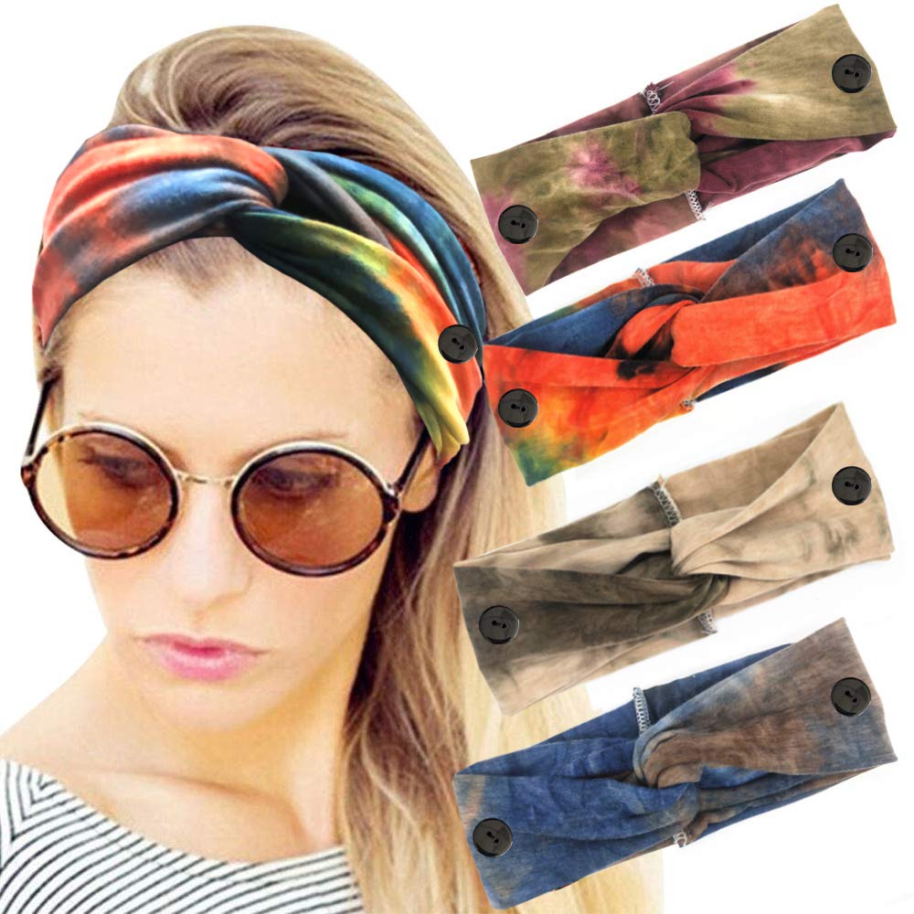 4 Pack Sarfel Button Headbands for Women - Adjustable Face Mask Headbands for Nurses, Boho Hair Bands with Buttons for Comfort & Style - Perfect for Work, Gym, and Daily Wear