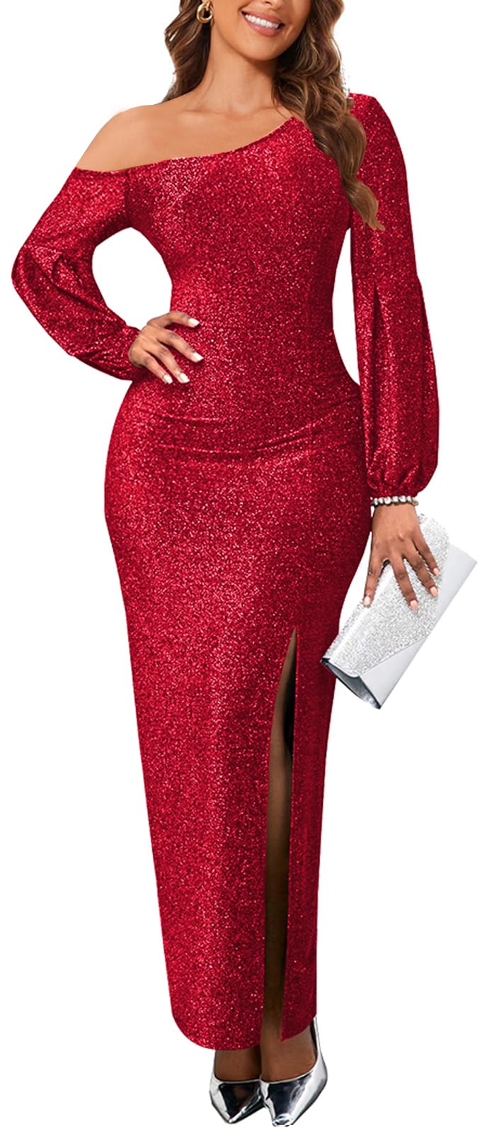 Elegant Sparkly Sequin Long Sleeve Formal Dresses for Women | Off Shoulder High Split Evening Gown | Perfect for Prom, Wedding, Cocktail Party & Special Occasions