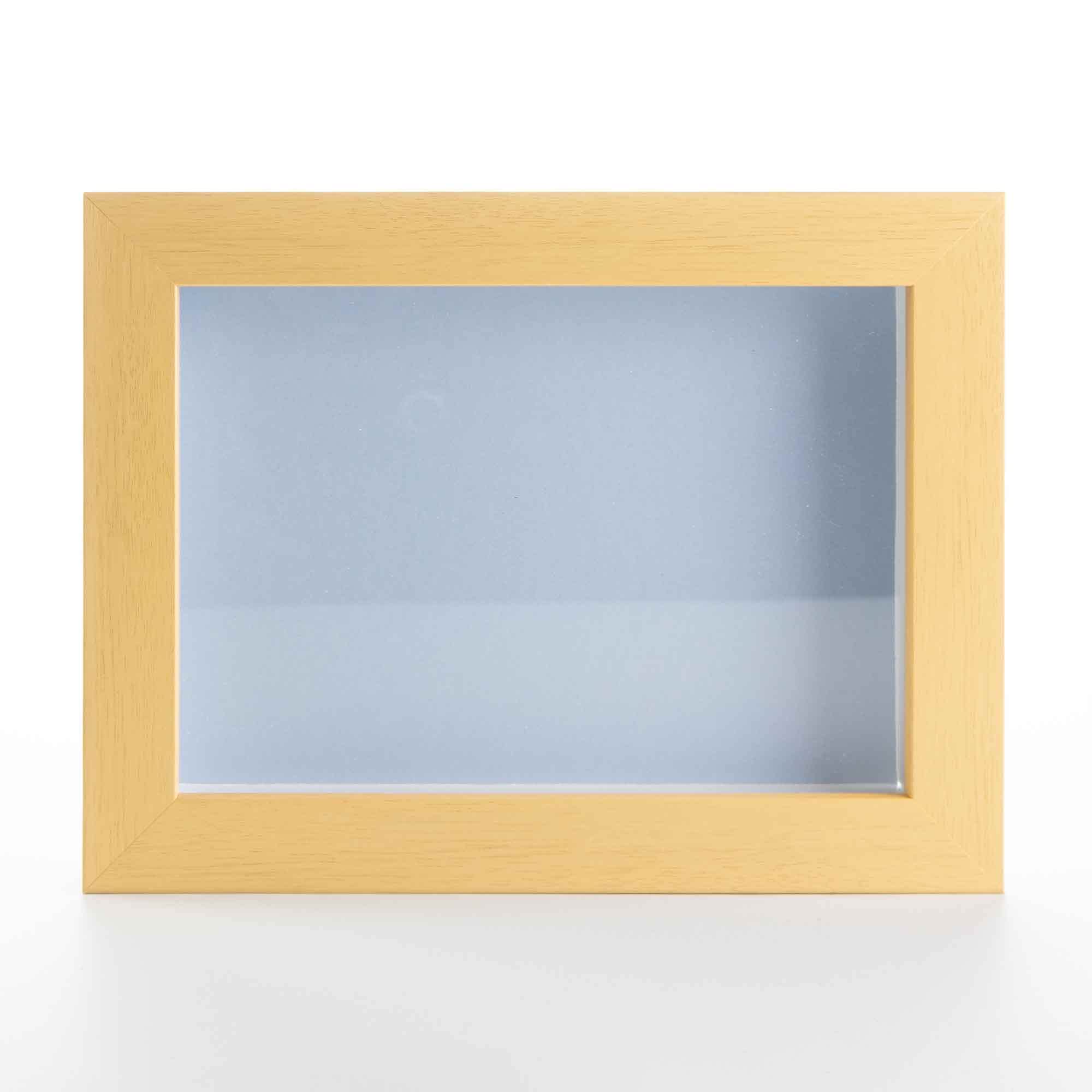 13x13 Inch Natural Wood Shadow Box Display Frame with Blue Acid-Free Backing, UV Protective Acrylic & Hanging Hardware - 3/4