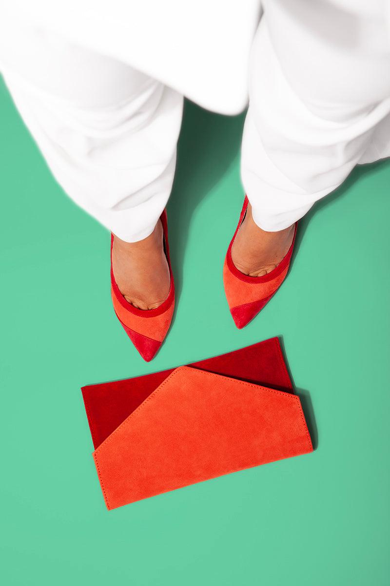 Stylish EMIS Orange & Red Two-Tone Suede Pointed Toe Pumps - Perfect for Office, Parties & Special Occasions