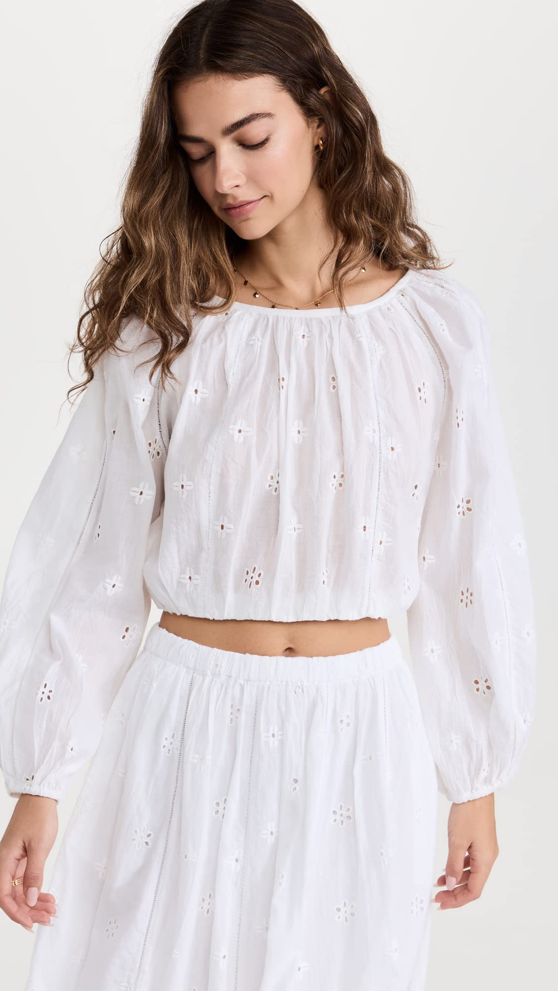 Velvet by Graham & Spencer Women's Yara Cotton Eyelet Cropped Long Sleeve Blouse - Breathable Summer Top for Casual Outings & Date Nights