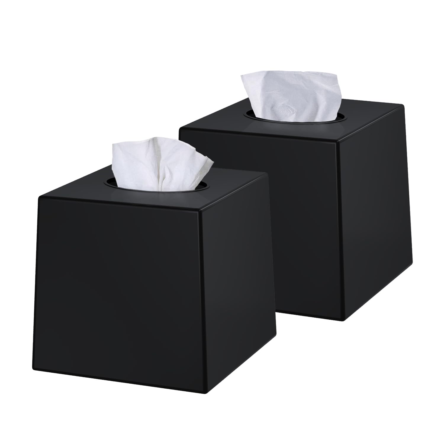 Creative Black Square Tissue Box Cover - 2 Pack Plastic Cube Tissue Holder Dispenser - Decorative Facial Tissue Box Organizer for Living Room, Office Desk & Bathroom Vanity - 5.5
