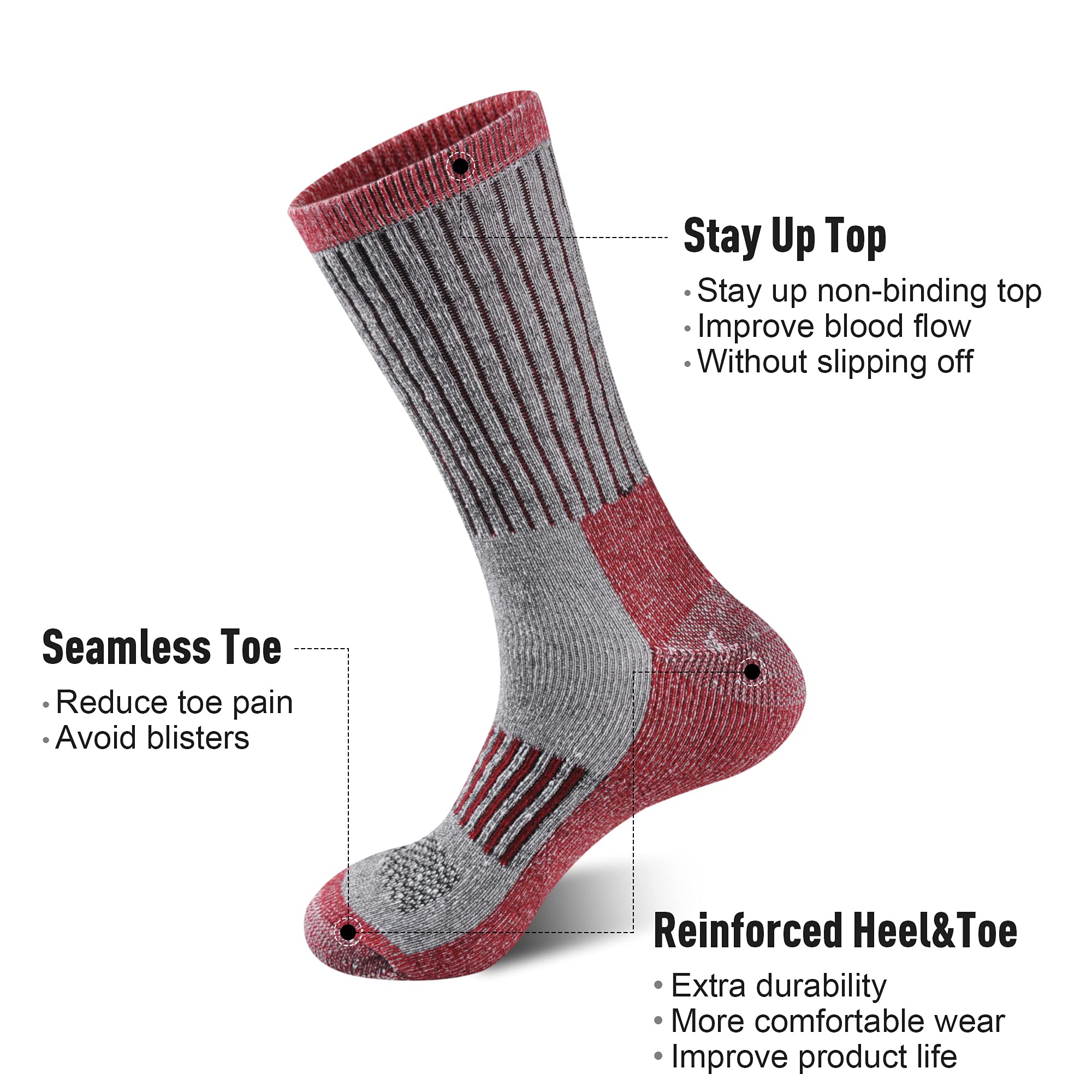 ECOEY Men's Merino Wool Hiking Socks 4-Pack - Moisture Wicking, Cushioned Crew Socks for Trekking & Outdoor Adventures - Perfect for Hiking, Camping and Cold Weather Activities