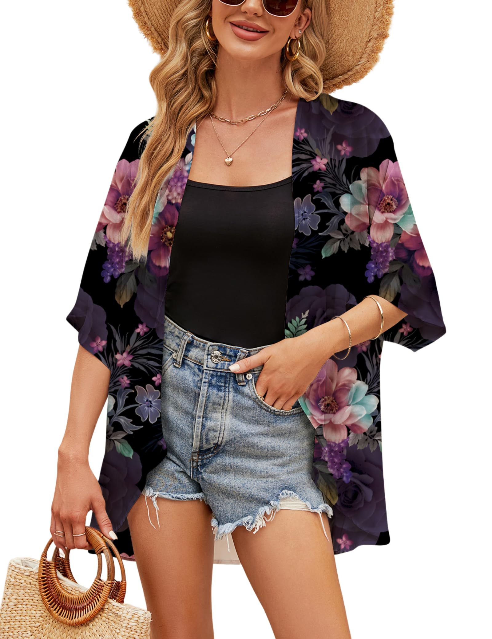 Chunoy Women's Lightweight Chiffon Kimono Cardigan - Short Sleeve Open Front Cover Up for Beach, Pool, and Summer Outfits | Casual Loungewear & Boho Style Fashion