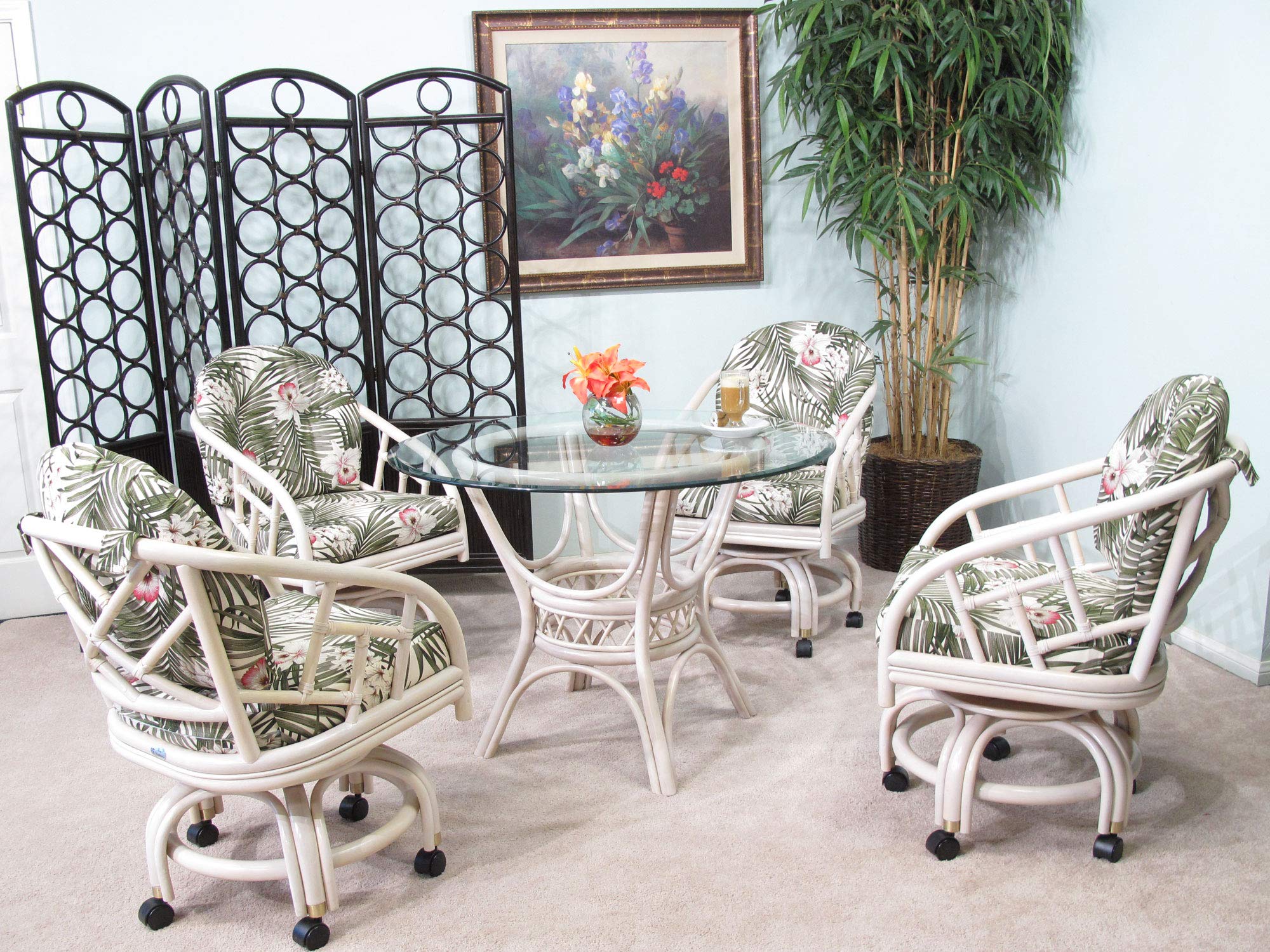 USA-Made Rattan Dining Room Furniture Set - 5-Piece Swivel Caster Chair & Table (#2406WW-FN) for Patio, Garden, and Outdoor Entertaining