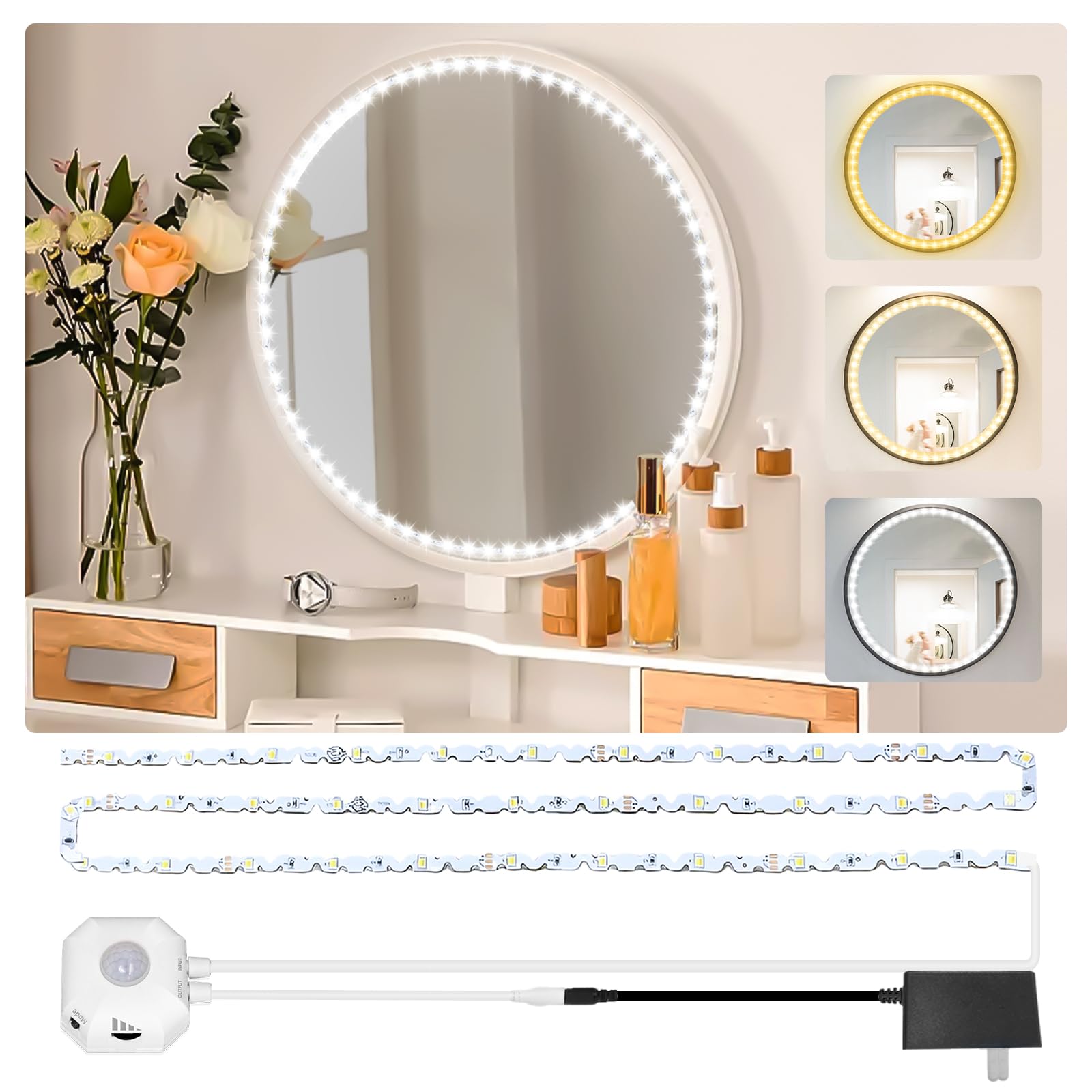 Daymeet Motion Sensor LED Vanity Mirror Lights - 13ft Adjustable Color & Brightness Flexible Strip Lights with Motion Activation for Makeup Vanity Table & Bathroom Mirror - Perfect for Dressing Room, Bedroom, and Home Decor Lighting