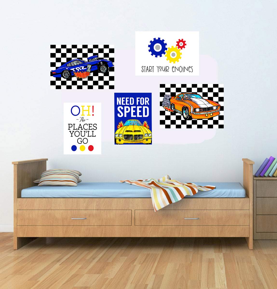 Race Car Posters for Boys Room - 5pc Vibrant Decor with Inspiring Quotes