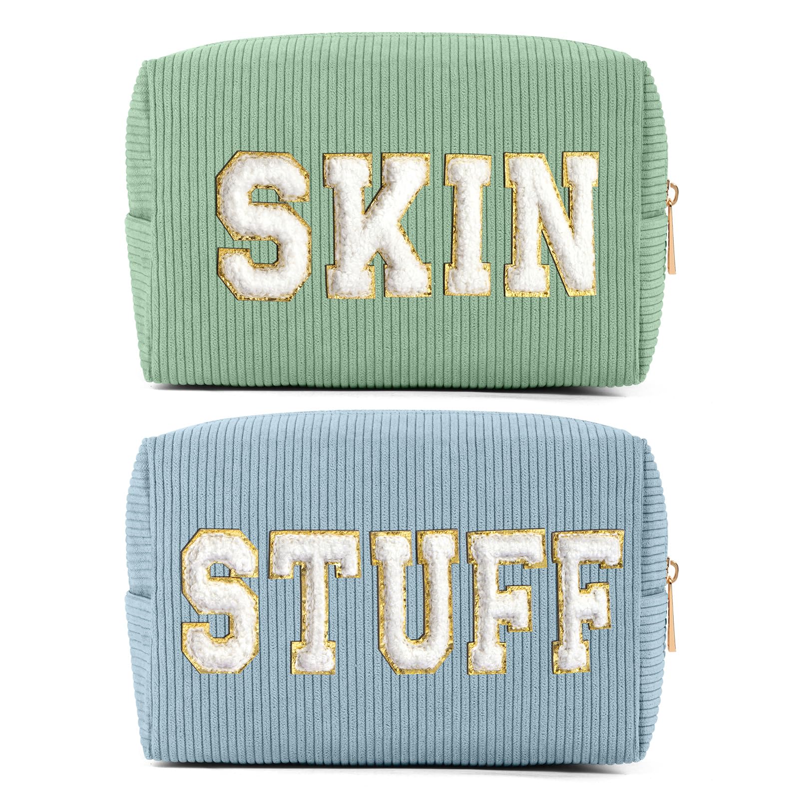 MAGEFY 2-Piece Corduroy Makeup Bag Set for Women - Small Preppy Cosmetic Pouch with Chenille Letter Patch (Green+SKIN & Blue+STUFF) | Travel Organizer, Gift for Her, Daily Essentials Storage