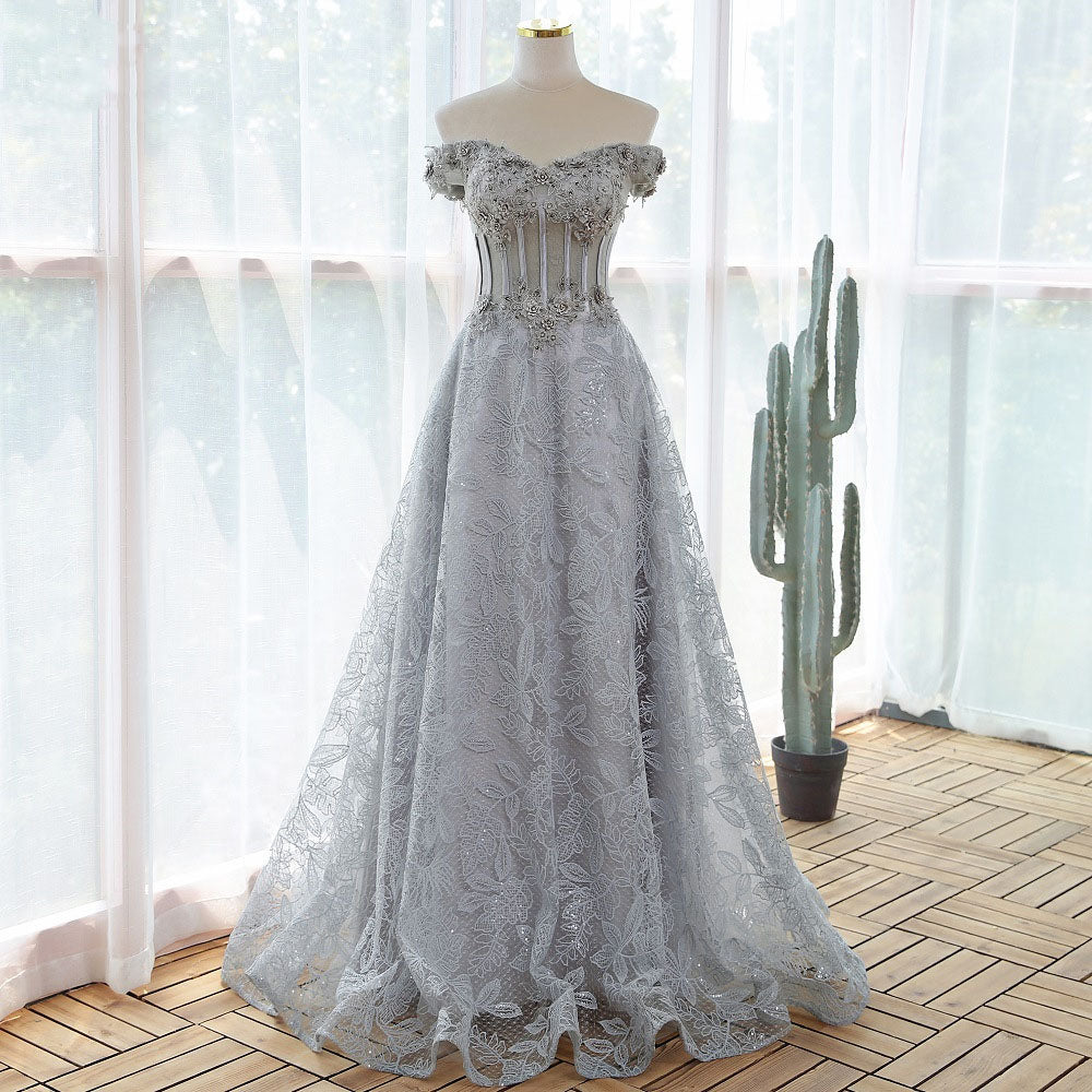 Elegant Off Shoulder Gray Sequins Evening Gown with Lace - Formal Party Dress for Women - Perfect for Prom, Wedding, and Black Tie Events