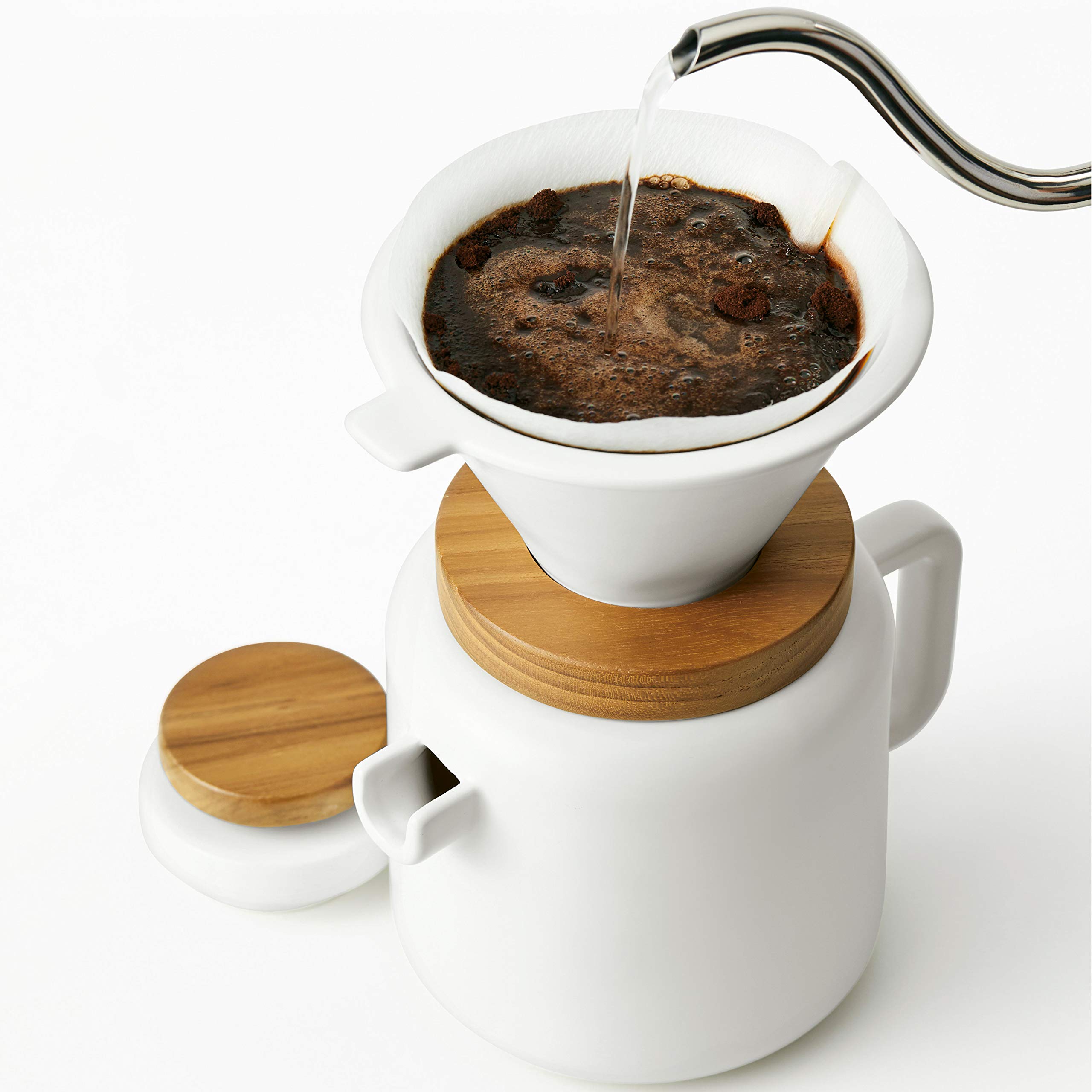 BonJour 4-Cup Pour Over Coffee Maker Set - Premium Stoneware Dripper with Glass Carafe - Matte White Design for Home Brewing & Office Use