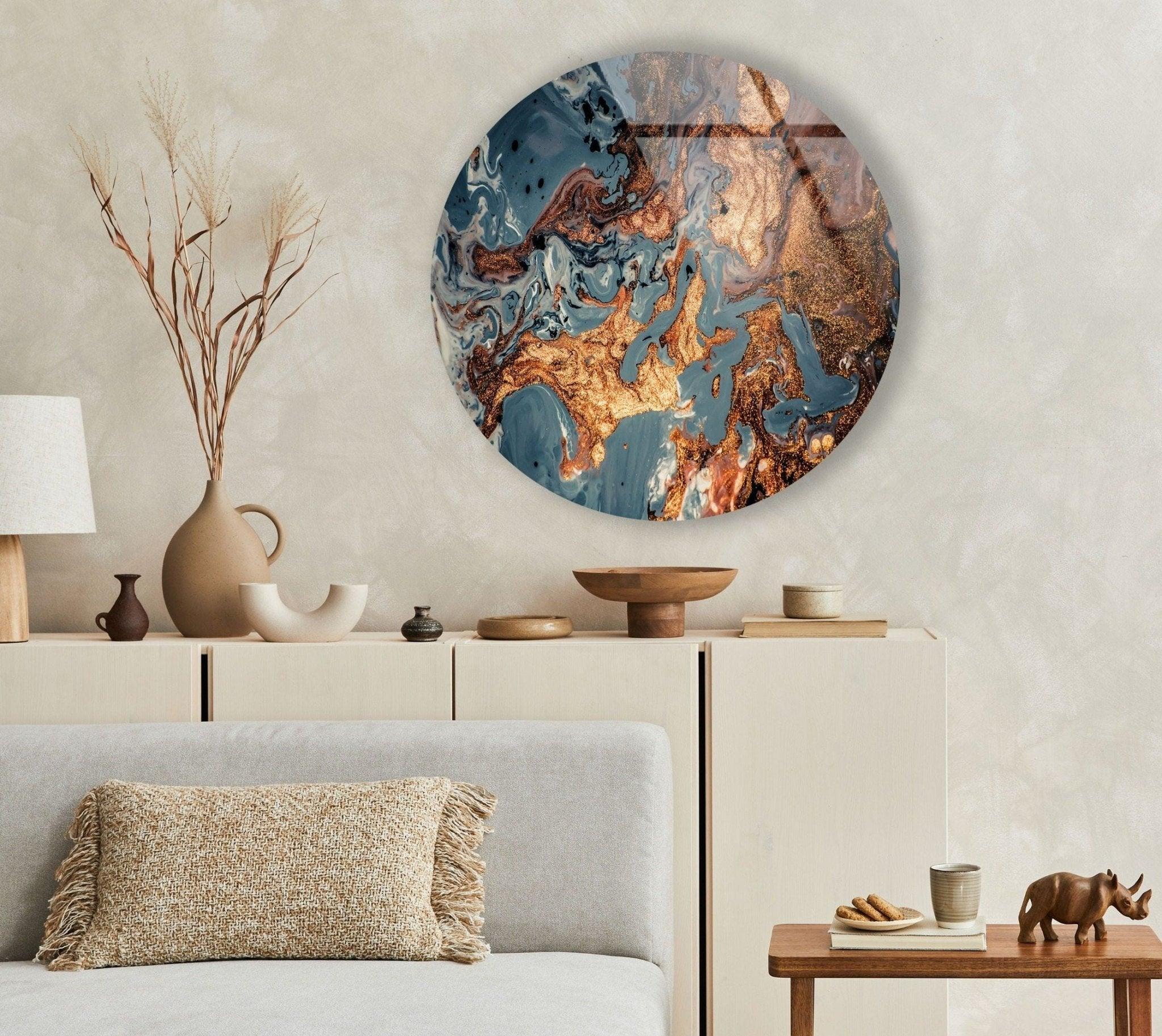 Abstract Round Copper Glass Wall Art - Modern Home Decor for Living Room, Bedroom & Office - Elegant Handmade Metal Wall Sculpture for Unique Interior Design