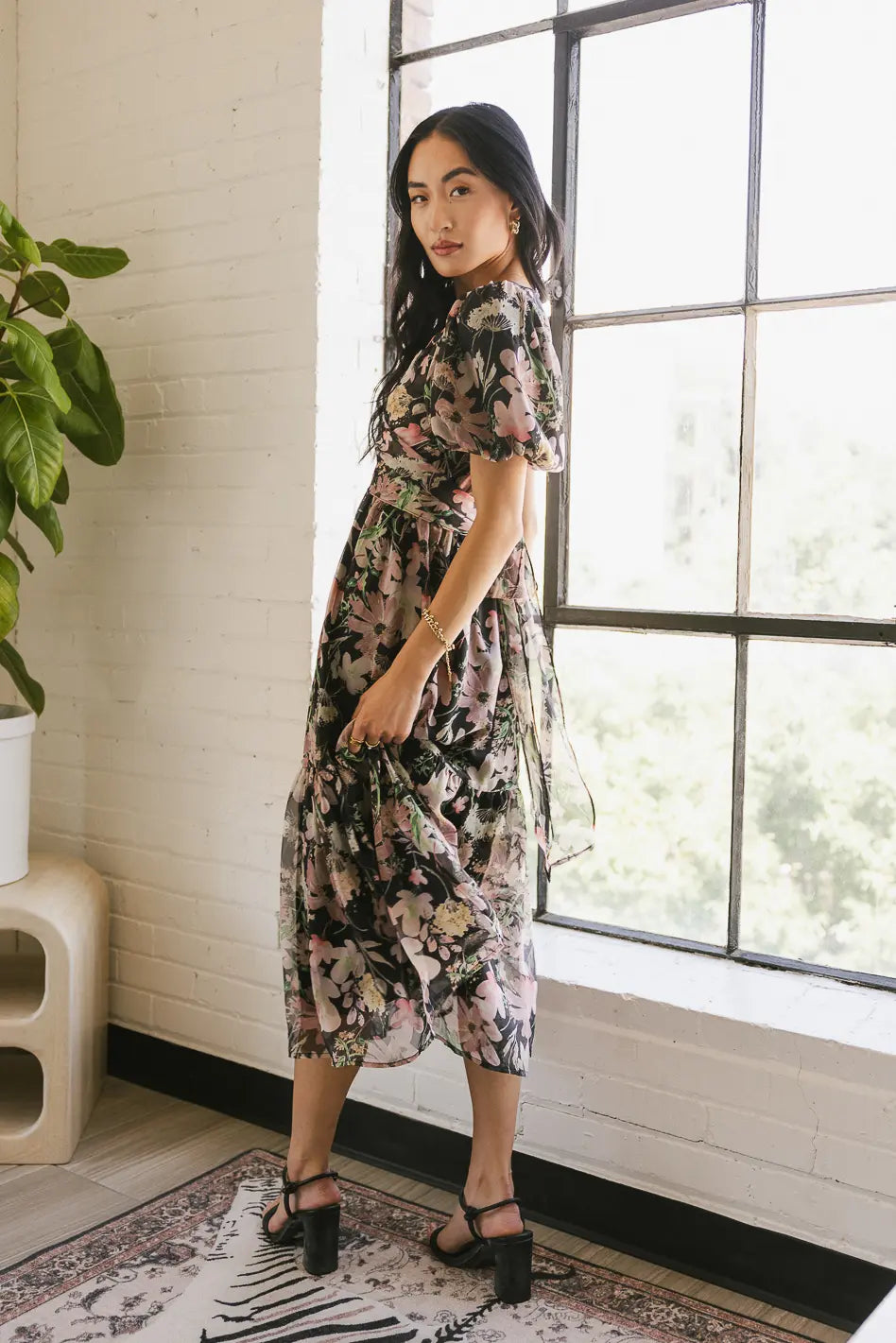 Angelique Floral Tie Dress in Black - Elegant Women's Summer Dress for Parties & Weddings - FINAL SALE