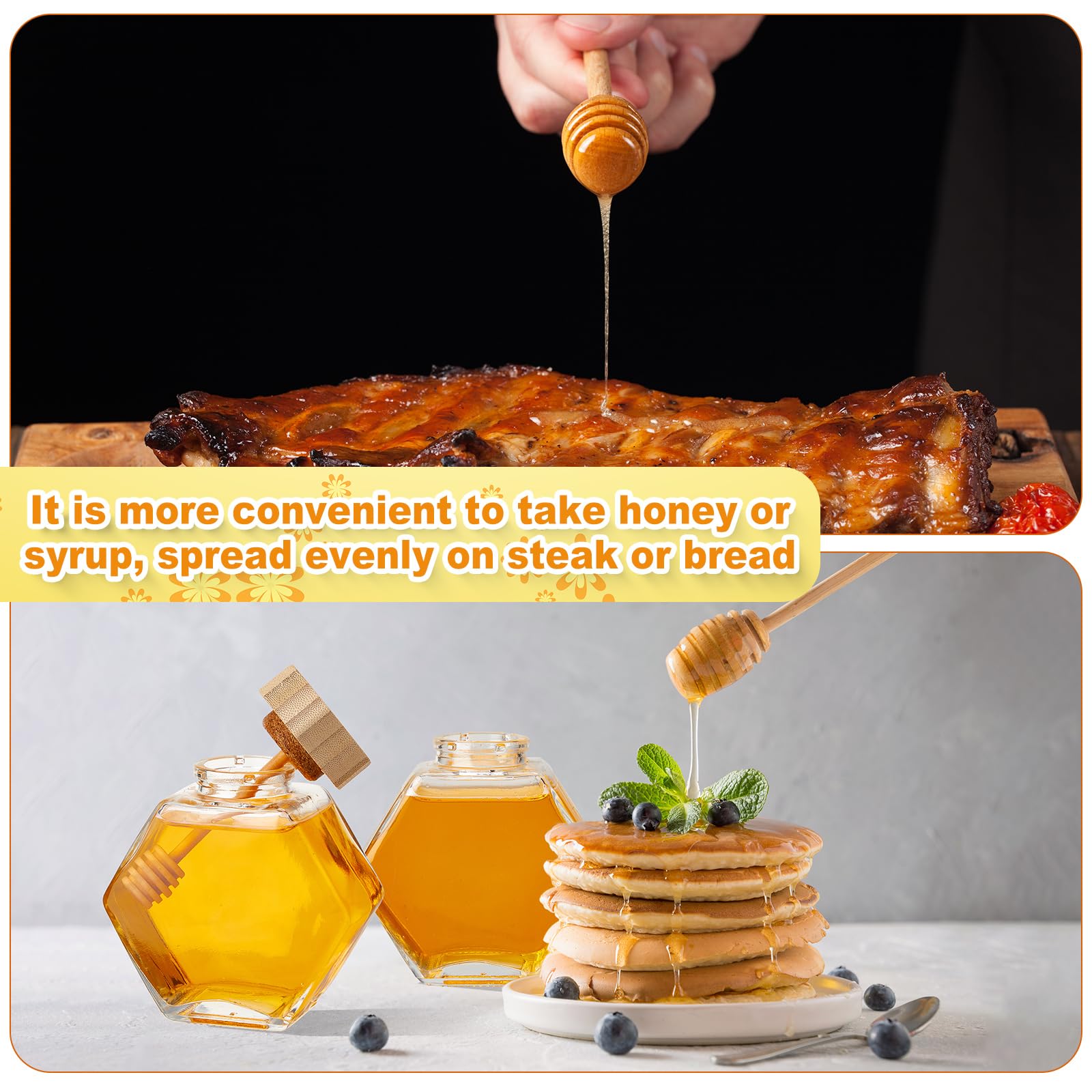 Sunnyray 8-Pack 220ml Hexagonal Honey Jars with Wooden Dipper & Cork Lid - Perfect for Kitchen Storage & Gifts