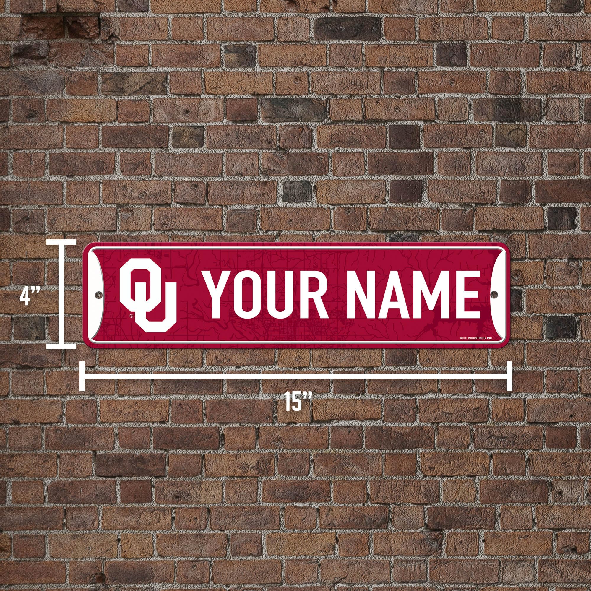 Rico Industries NCAA Oklahoma Sooners Personalized Metal Street Sign 4x15 Inch - College Football Fan Gift, Home Decor for Bedroom, Office & Man Cave - Perfect for Game Room, Dorm & Sports Themed Spaces