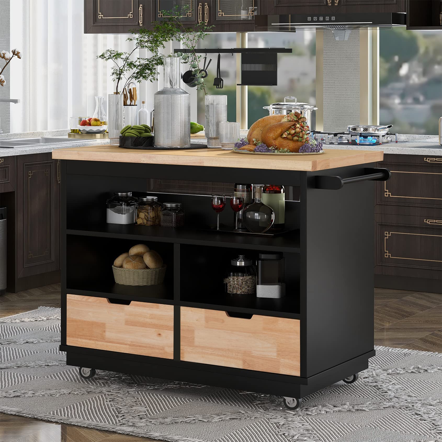 Solid Wood Top Kitchen Island on Wheels - Rolling Kitchen Cart with Storage Drawers, Cabinets, Tower Rack, Spice Rack & Wine Rack - Black - Perfect for Small Kitchens, Dining Rooms & Food Prep Areas