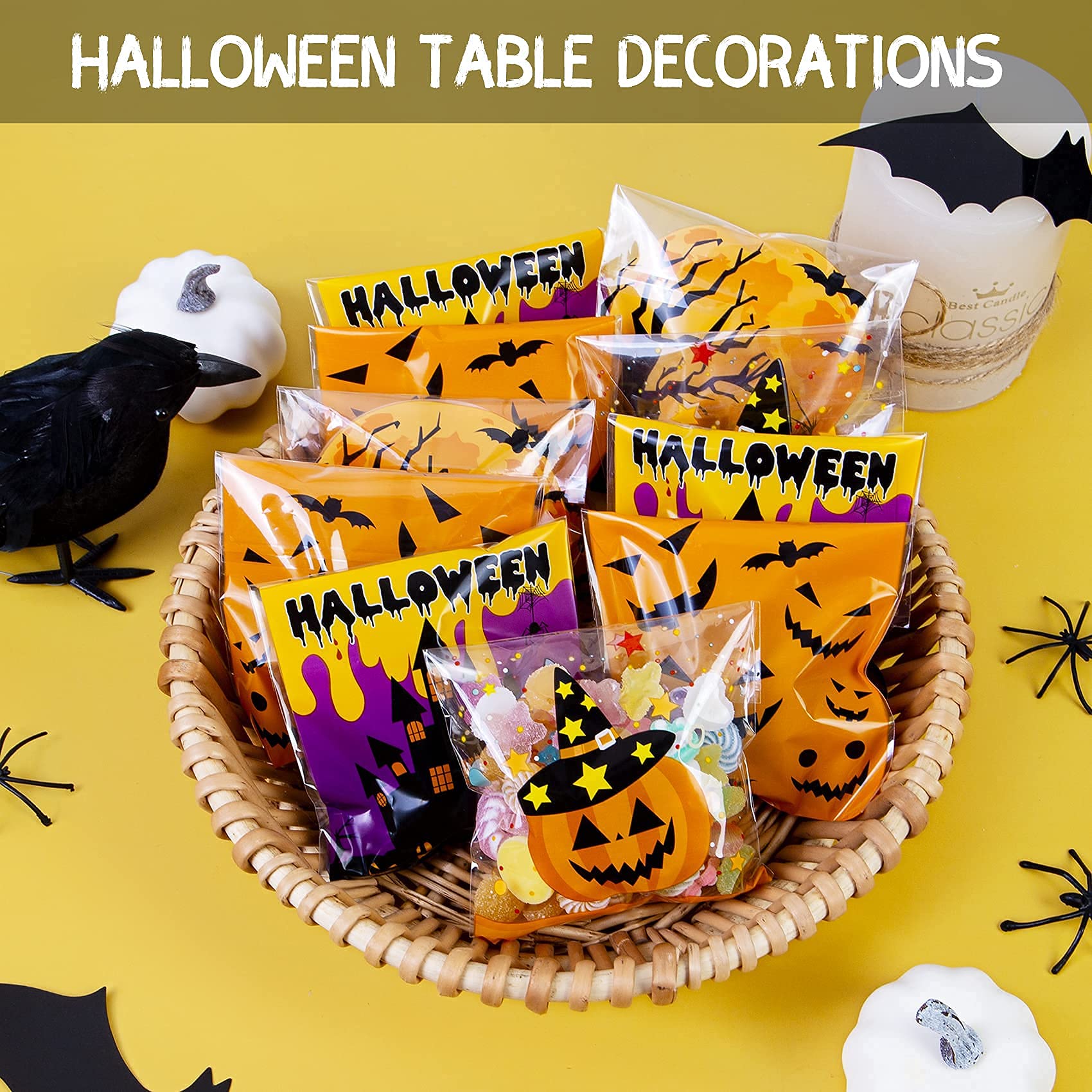Eunvabir 160 PCS Halloween Cellophane Treat Bags - Self Adhesive Candy Goodie Cookie Snacks Gift Bags for Trick or Treat Party Favors, Classroom Prizes, Halloween Party Supplies & School Events