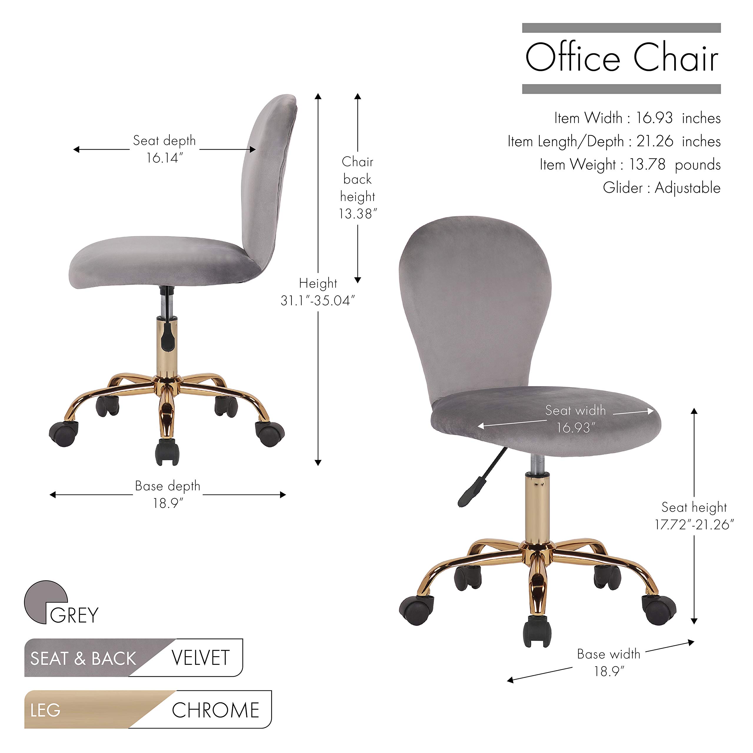 Porthos Home Evie Office Chair - Soft Velvet Upholstery, Golden Metal Legs with Wheels, Adjustable Height & Armless Design - Perfect for Home Office, Small Workspace & Cozy Studio Decor