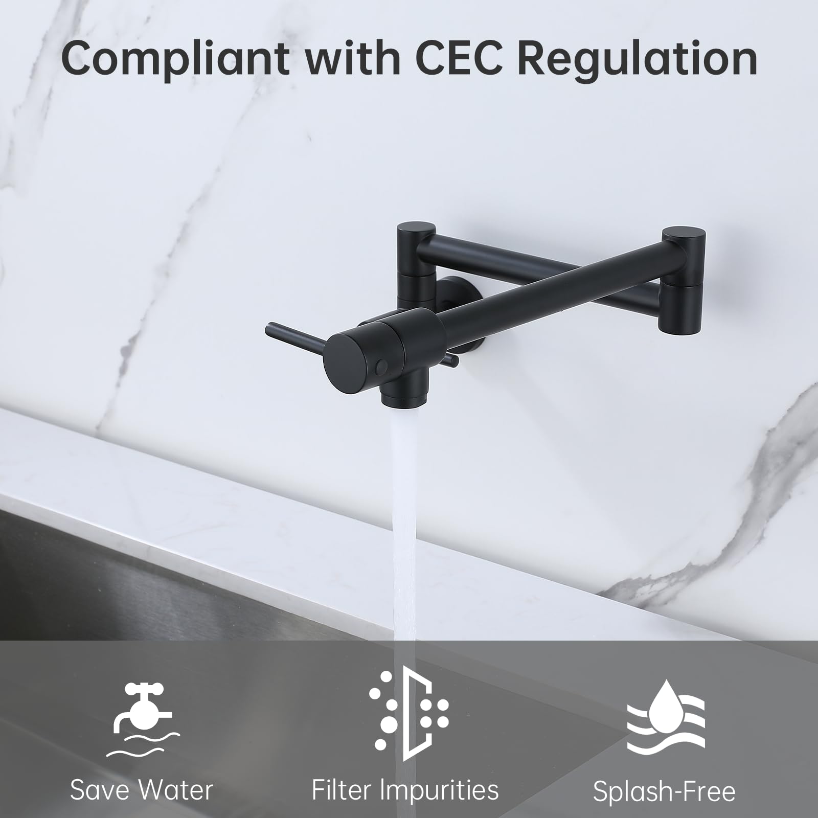TRJIKAG Commercial Black Wall Mount Pot Filler Faucet - Stretchable Double Joint Swing Arm Kitchen Sink Faucet for Professional & Home Kitchens | Perfect for Cooking, Filling Large Pots & Washing Dishes