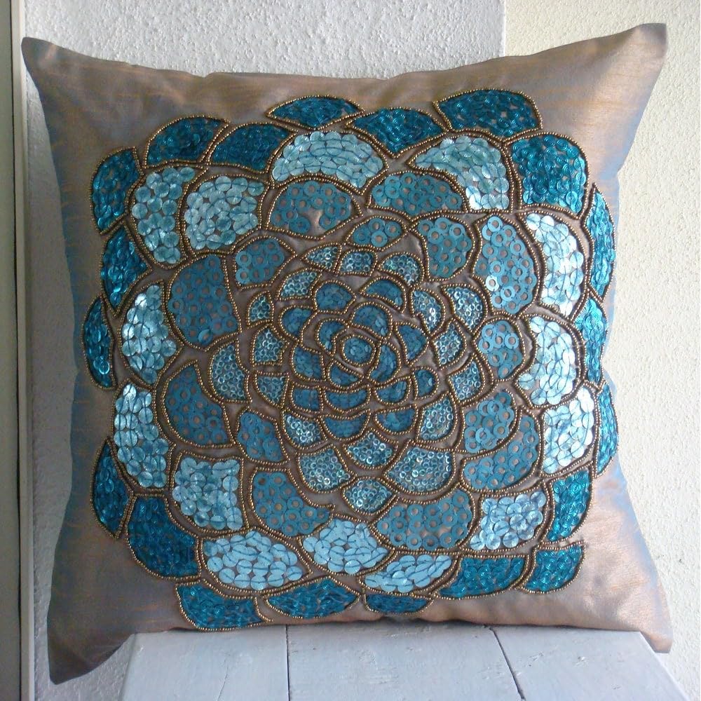 HomeCentric Blue Floral Silk Throw Pillow Covers 16x16 Inch (40x40 cm) - Sequins Embellished Modern Decorative Couch Pillow Cases for Living Room, Bedroom & Sofa - Wild Flower Design