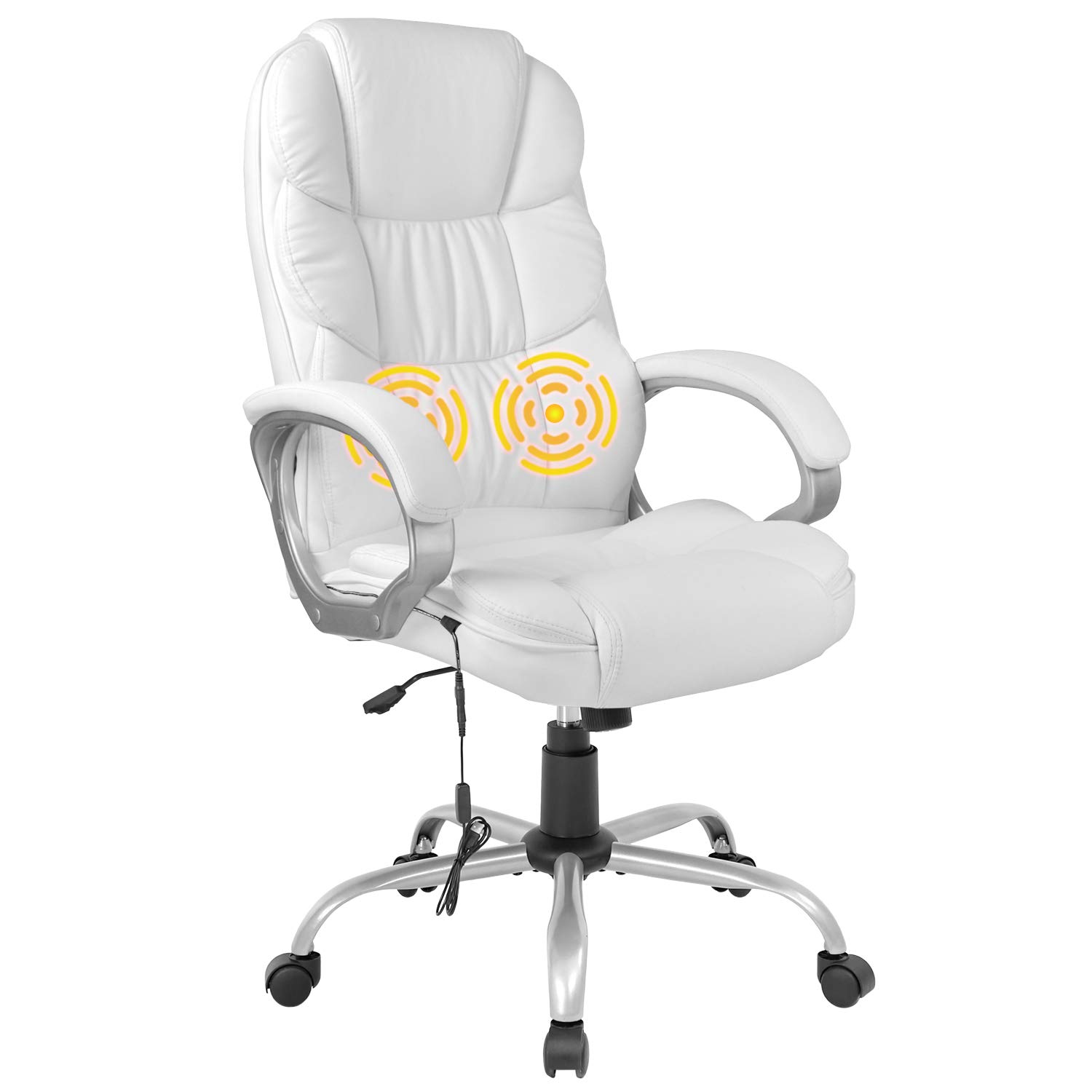 Best Ergonomic Office Chair - White Faux Leather Executive Chair with Lumbar Support, Massage & Vibration, 360° Swivel & Adjustable Armrests - Perfect for Home Office, Gaming, and Corporate Workspaces