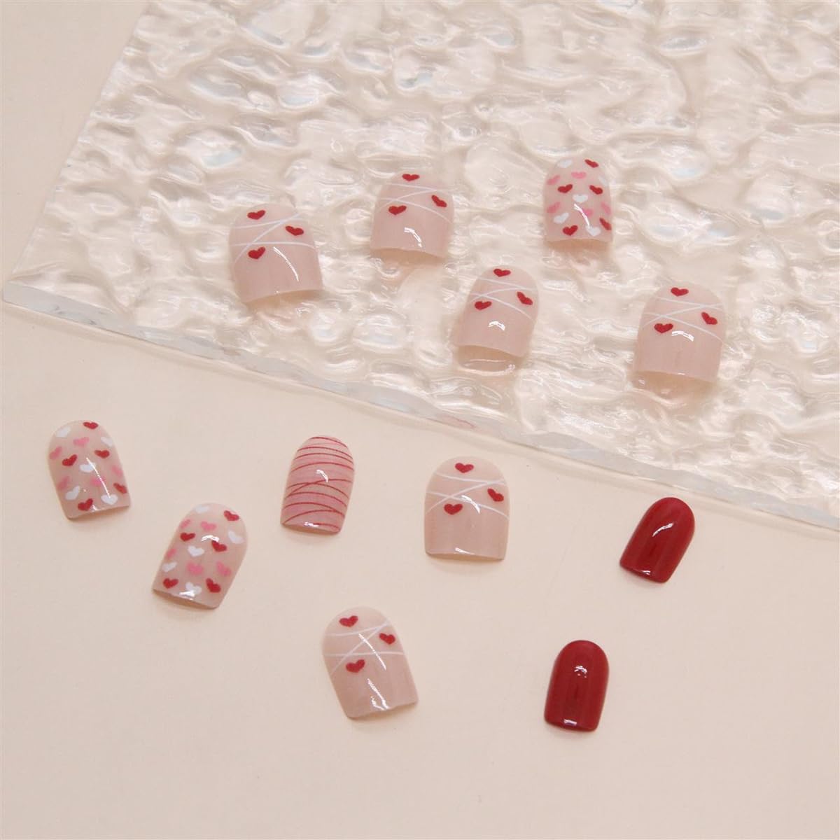 24Pcs Valentine's Press on Nails Short Square - Red Heart & White Glossy Acrylic Fake Nails with Glue - Perfect for Date Night, Parties & Romantic Occasions